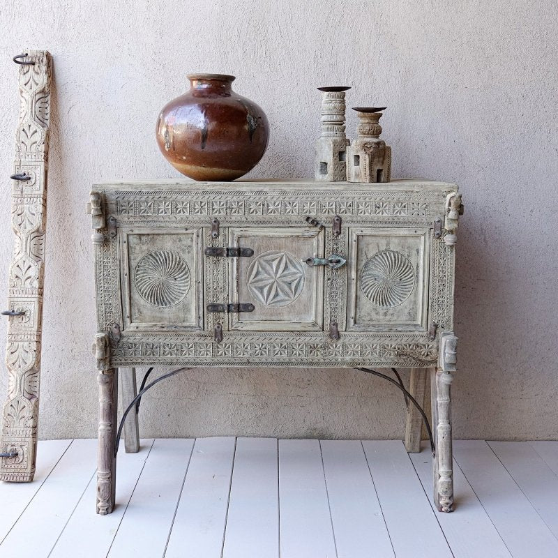 Vintage Carved Indian Low Height Console Table with Storage Space - Entryway Sofa Table, Hallway Decor, Living Room Side Table for Home Decor