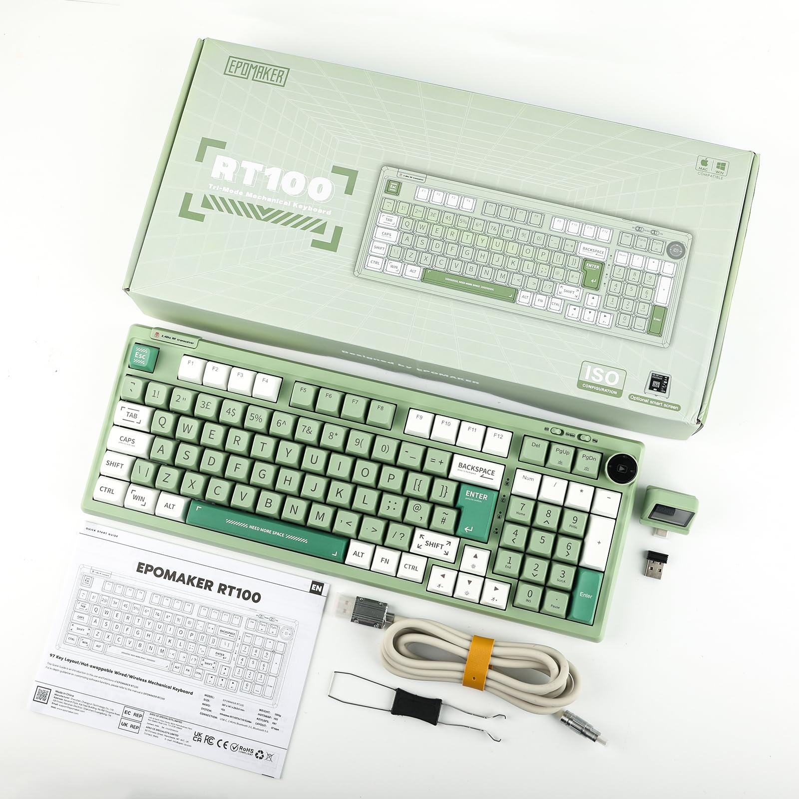 EPOMAKER RT100 97-Key ISO UK Layout Mechanical Gaming Keyboard - Customizable Mini Screen & Knob, Gasket Mount, 3-Mode Connectivity (Bluetooth 5.0/2.4GHz/USB-C), Hot-Swappable Switches (Green Wisteria Linear) - Perfect for PC Gaming, Office Work & Typing Enthusiasts