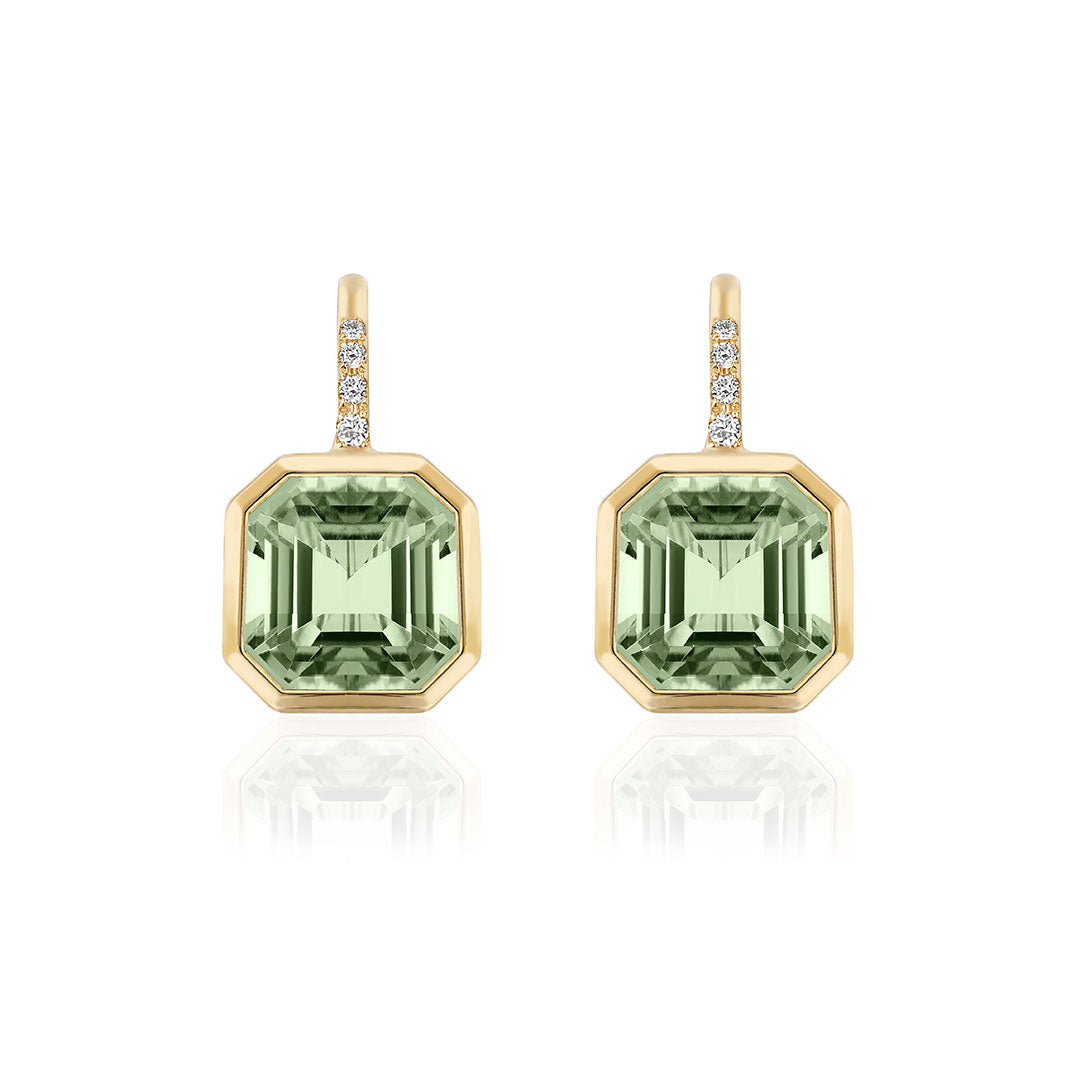 Goshwara Asscher Cut Prasiolite & Diamond 18K Yellow Gold Earrings for Women | Luxury Fine Jewelry Gift for Anniversary, Wedding, Party & Special Occasions