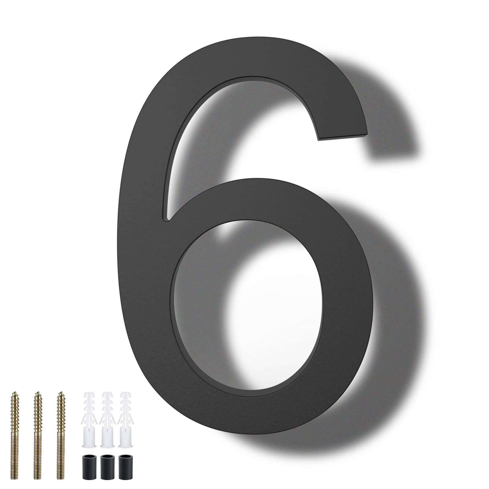 DEWEL 8 Inch Modern Floating House Numbers - Black Outdoor Address Plaque with Nail Kit for 911 Visibility (Number 6) | Perfect for Mailbox, Front Door & Curb Appeal Enhancement