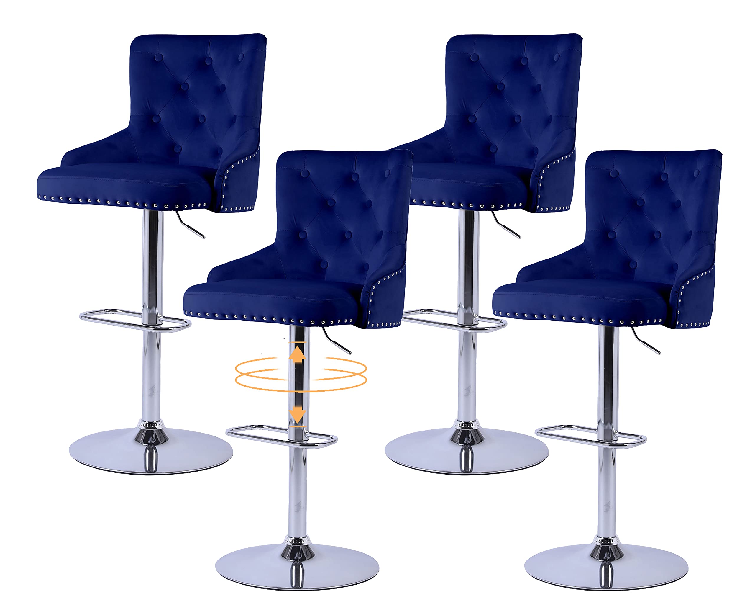 4-Piece Blue Velvet Bar Stool Set - Adjustable Height, Swivel & Back Support - Perfect for Kitchen Island, Breakfast Bar & Dining Room - Modern Counter Stools for Home & Restaurant Use