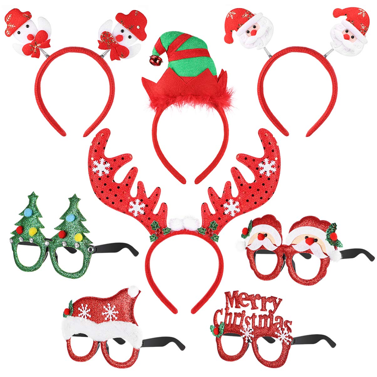 Toyvian 4pcs Christmas Glitter Headbands & 4pcs Party Eyeglasses Set - Kids Holiday Party Accessories for Christmas, Birthday, New Year Celebrations & Photo Booths