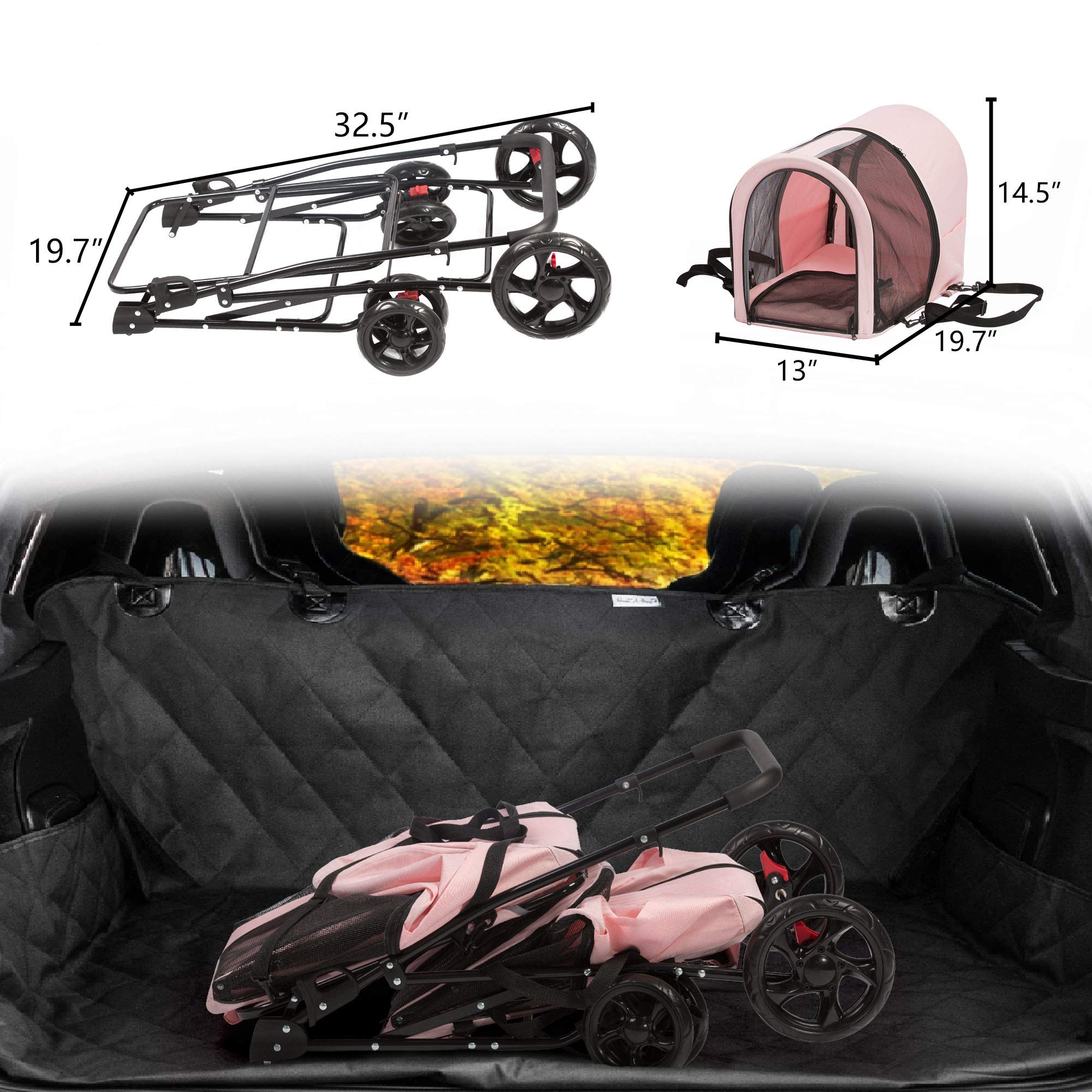 Double Pet Carrier with 2 Detachable Bags - Foldable Cat & Dog Stroller with Lockable Wheels & Safety Belt - Portable Travel Carrier for Small & Medium Pets (Pink) - Perfect for Vet Visits, Air Travel & Outdoor Adventures