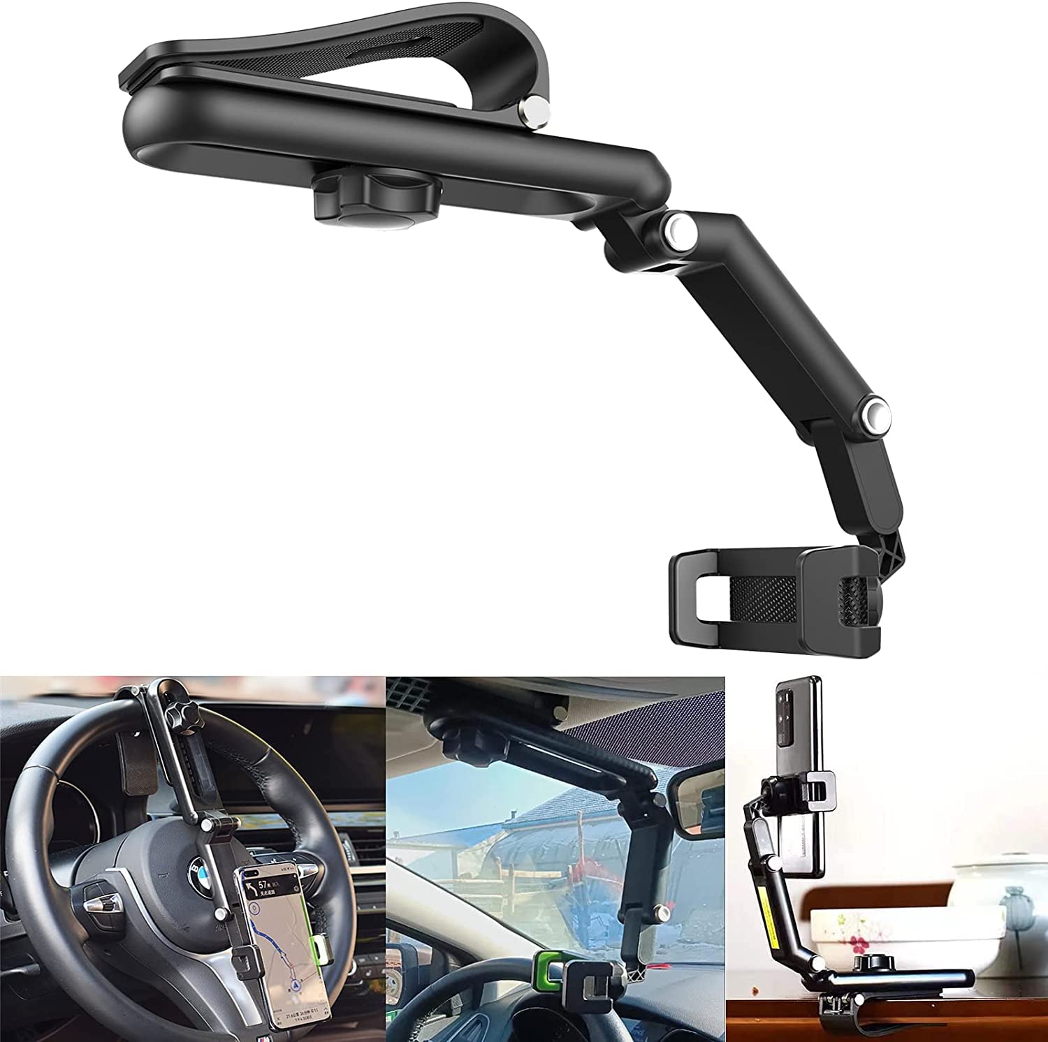 Universal Adjustable Car Phone Holder Mount - Sun Visor, Rearview Mirror & Steering Wheel Compatible - Multi-Angle Phone Stand for Safe Driving - Perfect for GPS Navigation, Hands-Free Calls & Road Trips