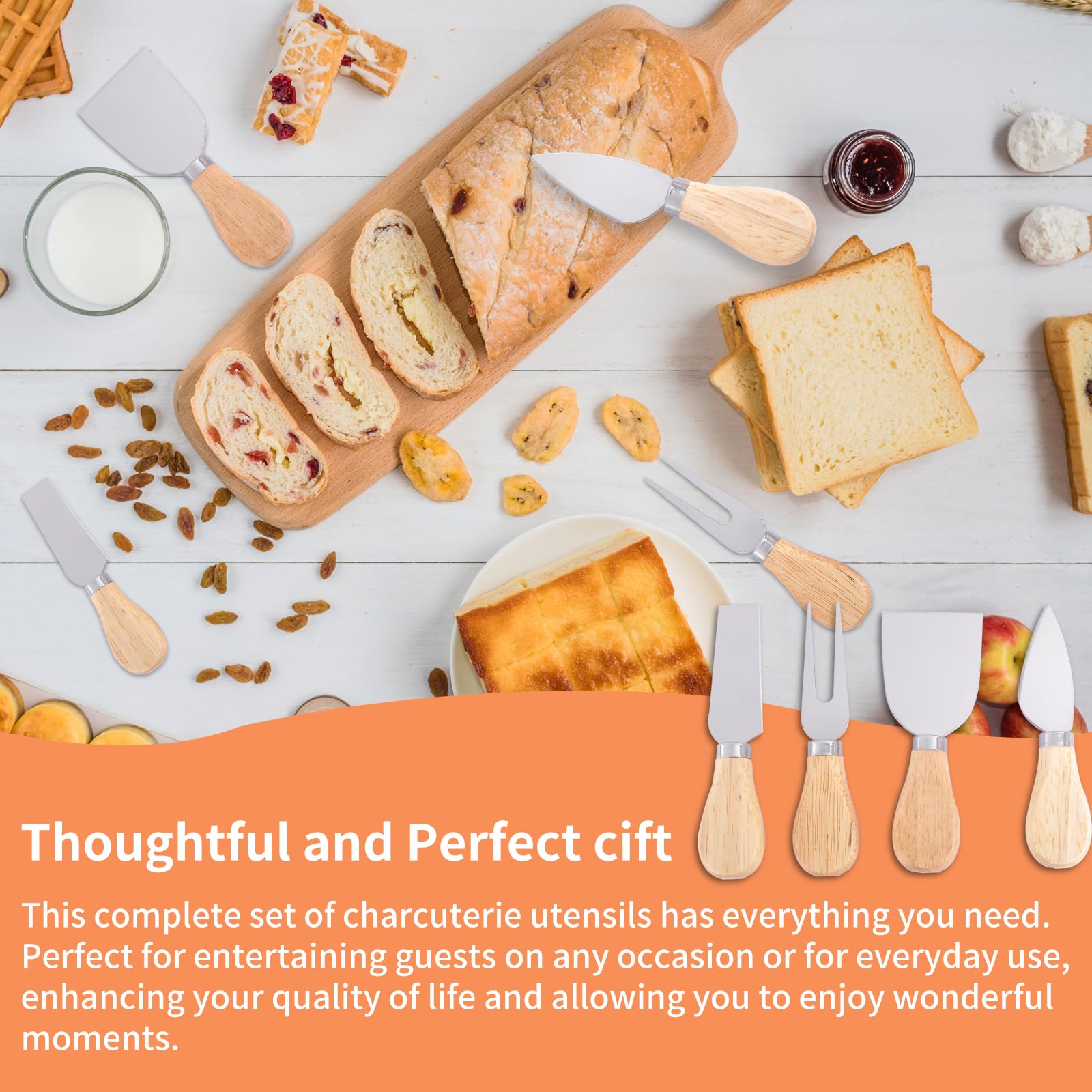 Premium 4-Piece Cheese Knives Set - Stainless Steel Cheese Knife, Fork, Slicer & Butter Knife with Ergonomic Rubberwood Handle - Perfect for Charcuterie Boards, Cheese Platters & Wine Pairing Parties