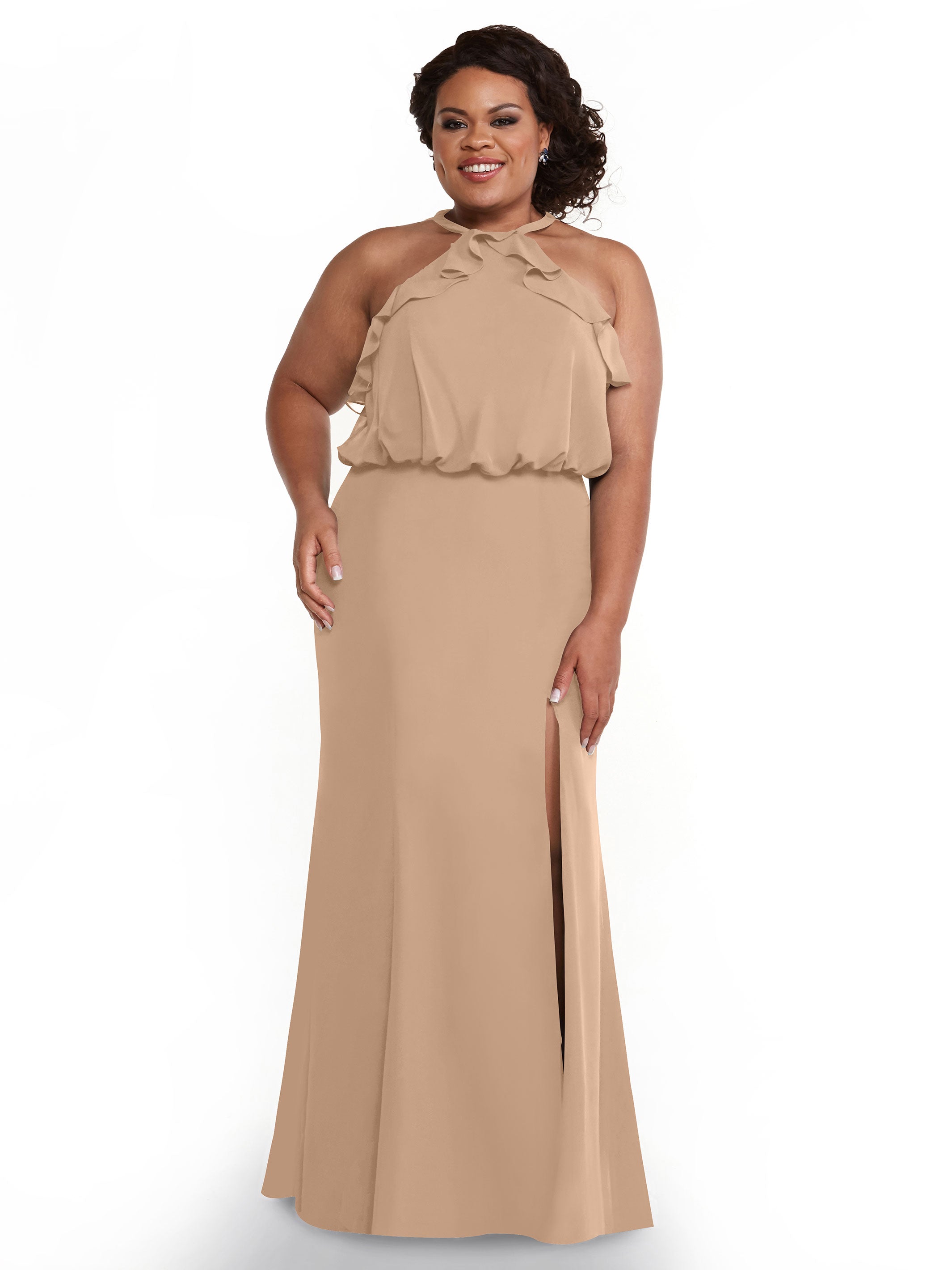 Elegant 80147 Fit and Flare Chiffon Bridesmaid Dress with Ruffled Neckline & Thigh Slit - Perfect for Weddings, Proms, and Formal Events