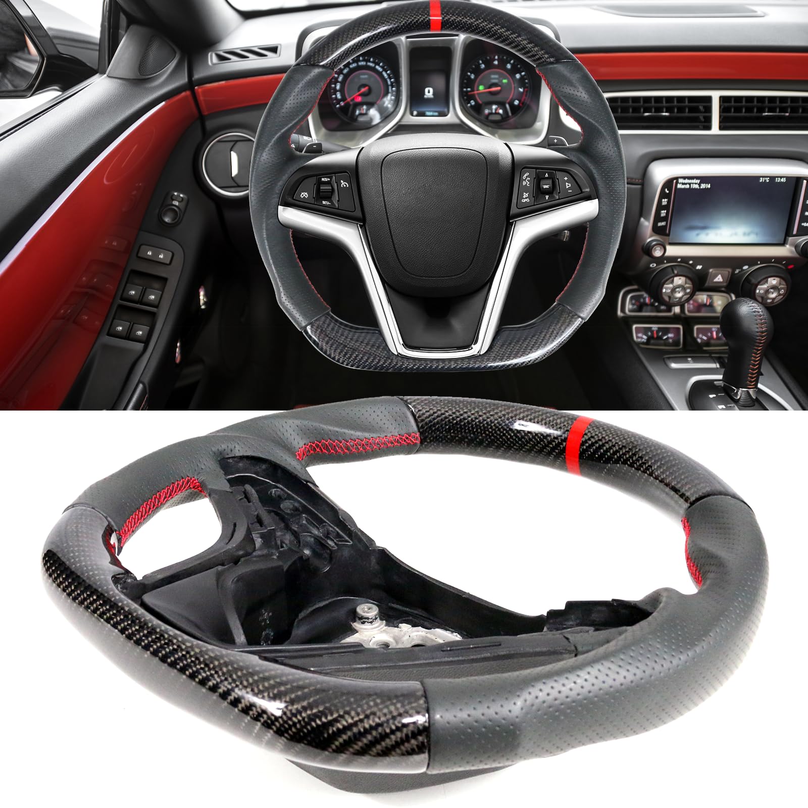 IKON MOTORSPORTS Steering Wheel for 2012-2015 Chevy Camaro - Black Carbon Fiber & Perforated Leather with Red Stitching & Red Indicator - Brushed Aluminum Trim Kit - Upgrade for Racing & Street Performance
