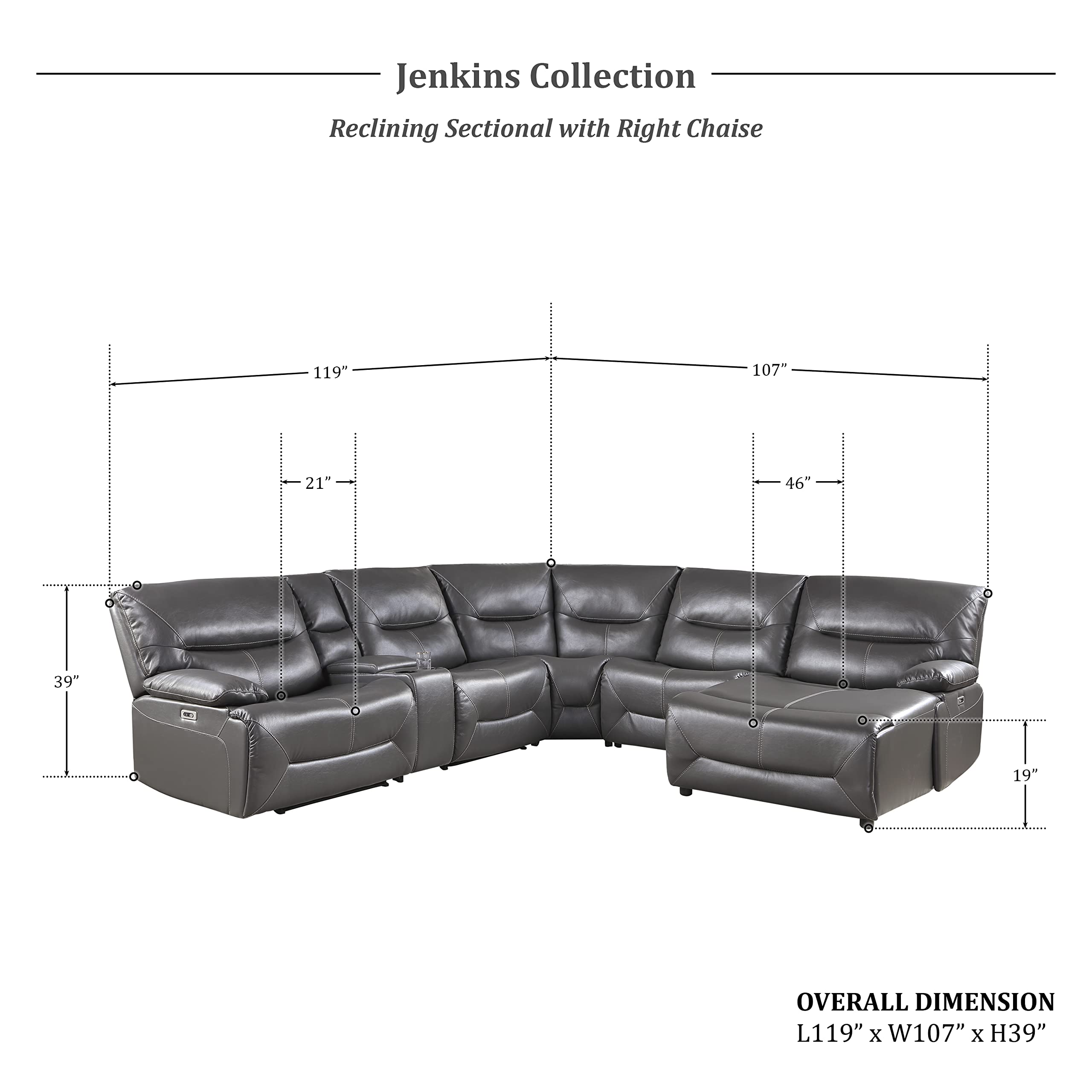 Lexicon Jenkins Power Wall-Hugger Reclining Sectional Sofa with Right Chaise in Gray - Perfect for Living Room, Home Theater & Small Spaces