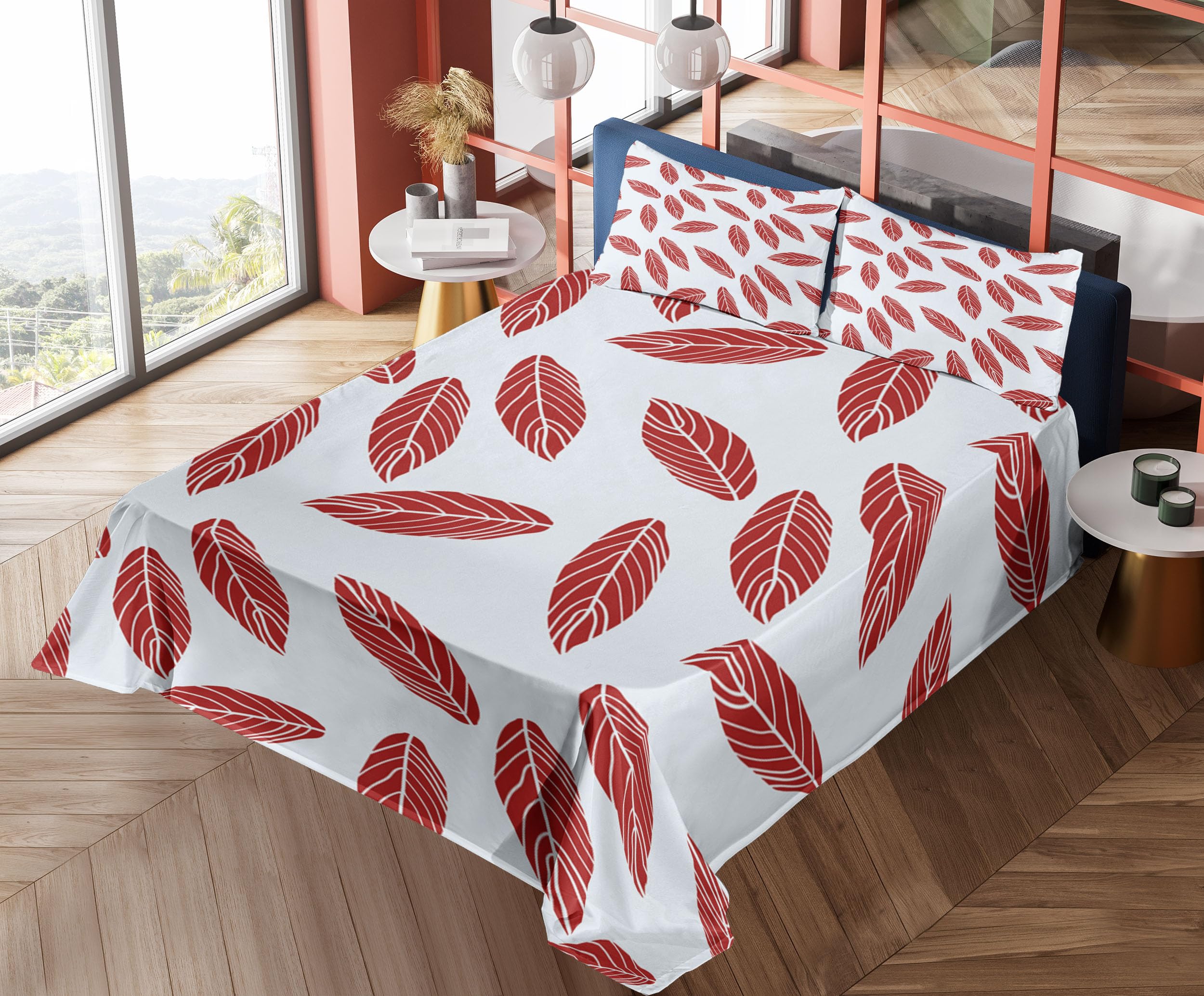 Ambesonne 4-Piece Queen Sheet Set - Modern Abstract Leaf Design on Cool Pastel Muted Backdrop, Includes Fitted Sheet, Flat Sheet & 2 Pillowcases | Soft Bedding for Cozy Sleep, Guest Room & Dorm Decor | Pale Blue Ruby