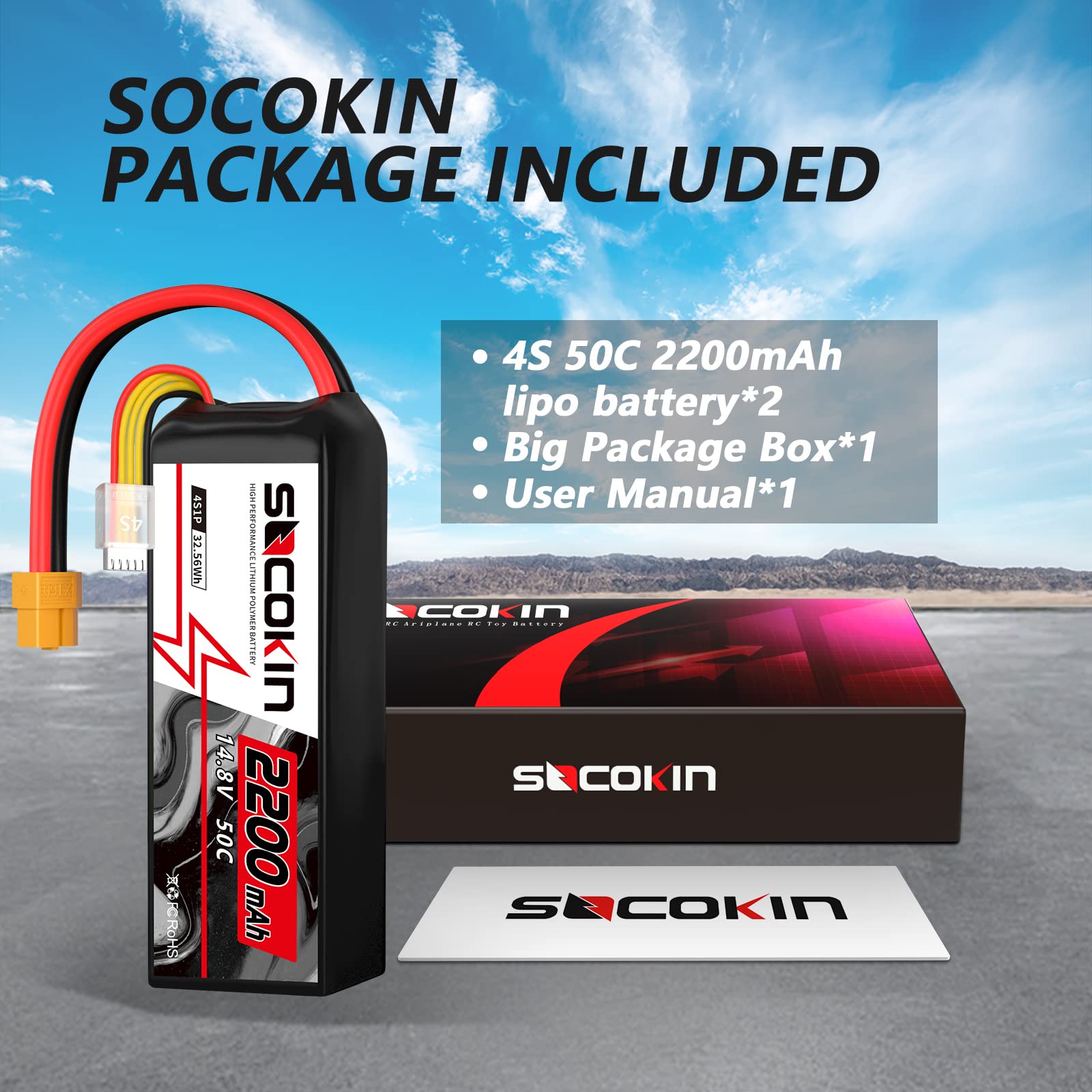 4S Lipo Battery 2200mAh 14.8V 50C with XT60 Plug - High Performance RC Battery for Drones, Airplanes, Cars & Boats (2 Pack) - Perfect for FPV Racing, Aerial Photography and RC Hobbyists