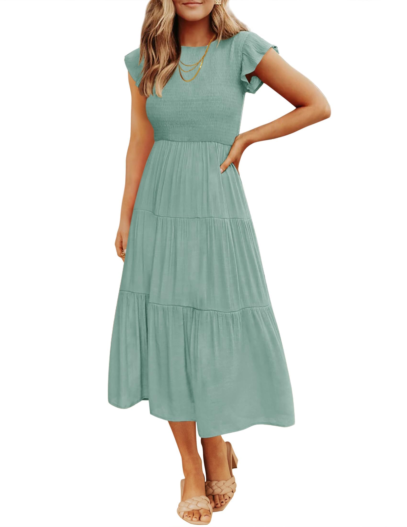 ZESICA Women's Summer Flutter Short Sleeve Smocked Waist Tiered Midi Dress - Casual Crew Neck Elastic Waist Flowy Dress for Beach, Vacation, and Daily Wear