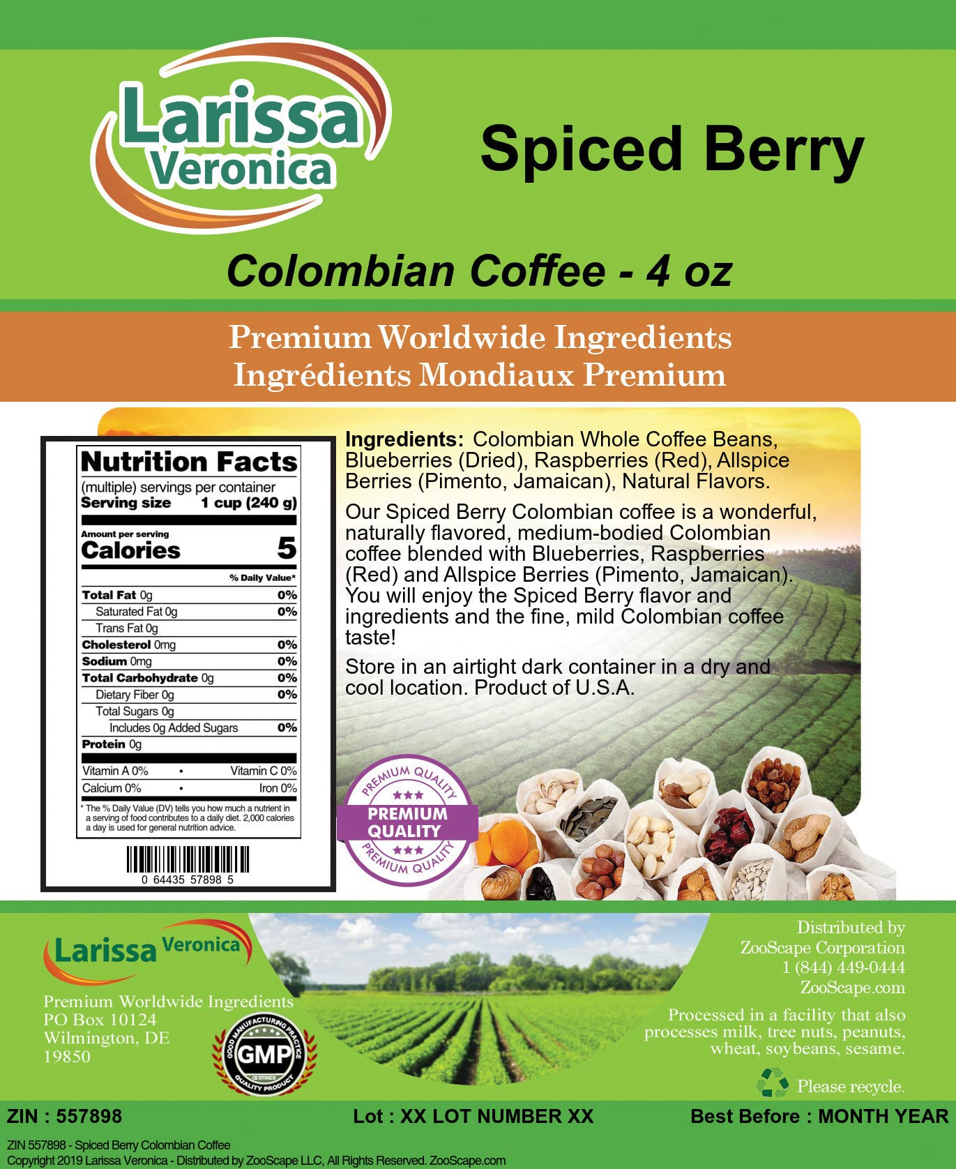 **Premium Spiced Berry Colombian Coffee - Gourmet Naturally Flavored Whole Coffee Beans (4 oz) for Home Brewing & Gifting - ZIN: 557898**
