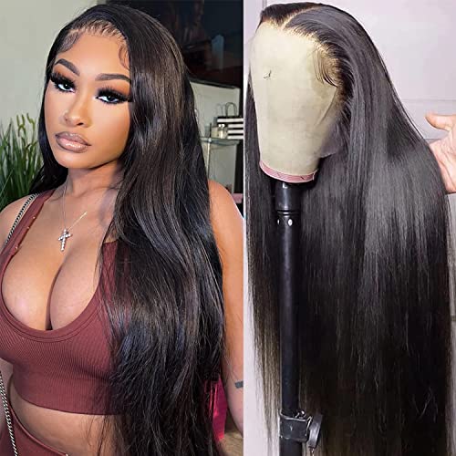 28 Inch Human Hair Wigs for Black Women - Lace Front Wigs Straight 150% Density with Pre Plucked HD Lace 13X4 Frontal & Baby Hair - Natural Color for Everyday Wear, Parties & Special Occasions