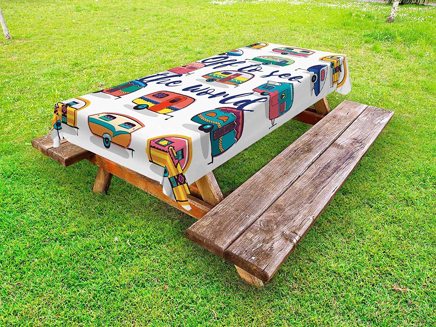 Vintage Travel Inspired Washable Picnic Tablecloth - 58x84 Inch Teal & Yellow Outdoor Table Cover with Caravan Print | Perfect for Camping, Picnics, RV Trips & Backyard BBQs