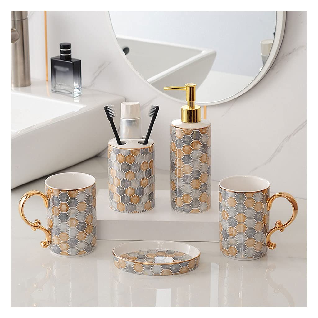 Luxury 5-Piece Ceramic Bathroom Accessory Set - Gold Soap Dispenser, Toothbrush Holder, Mouthwash Cup & Soap Dish | Elegant Mosaic Design for Modern Bathrooms, Guest Baths & Spa-Like Home Decor