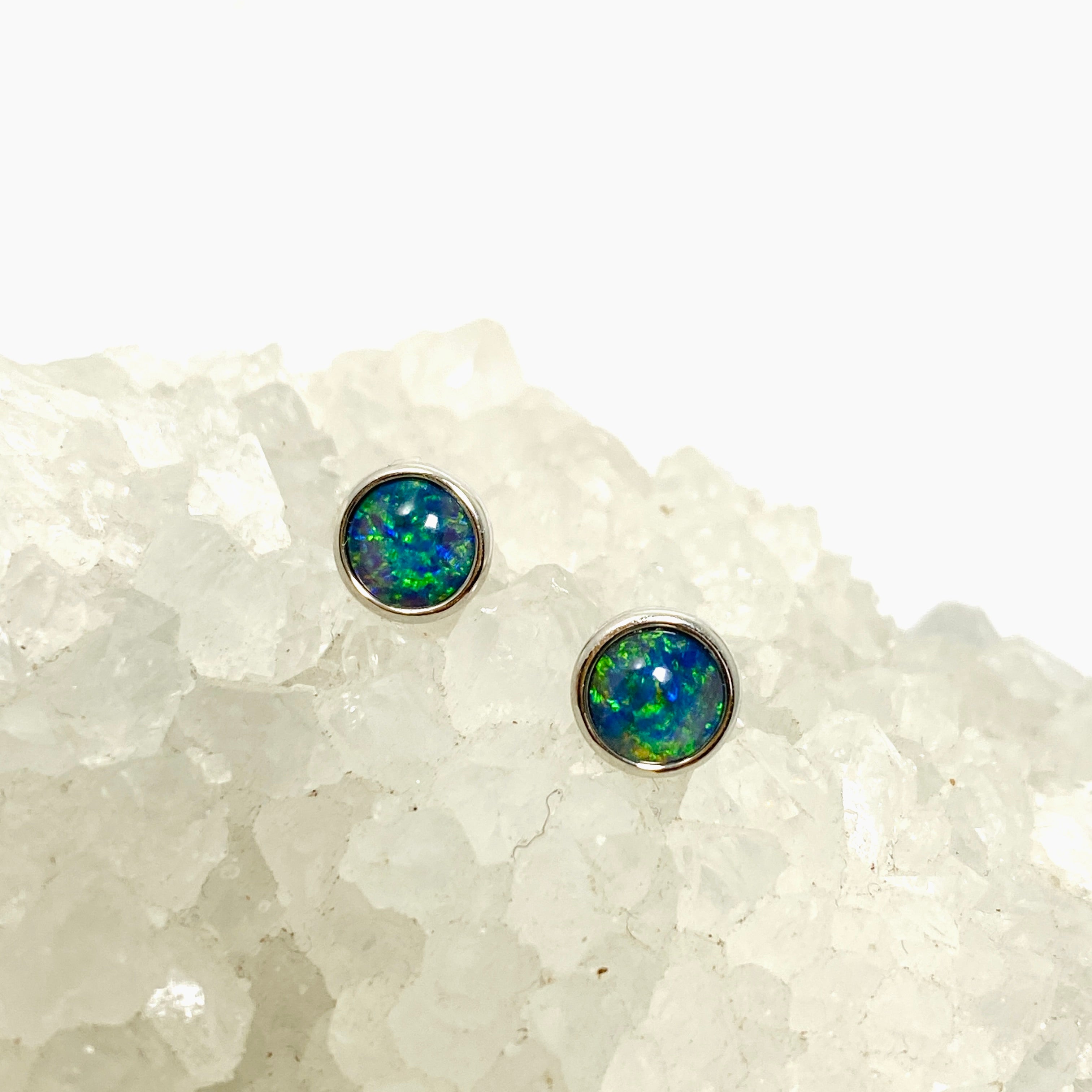 Australian Opal Triplet Round Cabochon Stud Earrings - Natural Gemstone Jewelry for Women, Perfect for Everyday Wear & Special Occasions