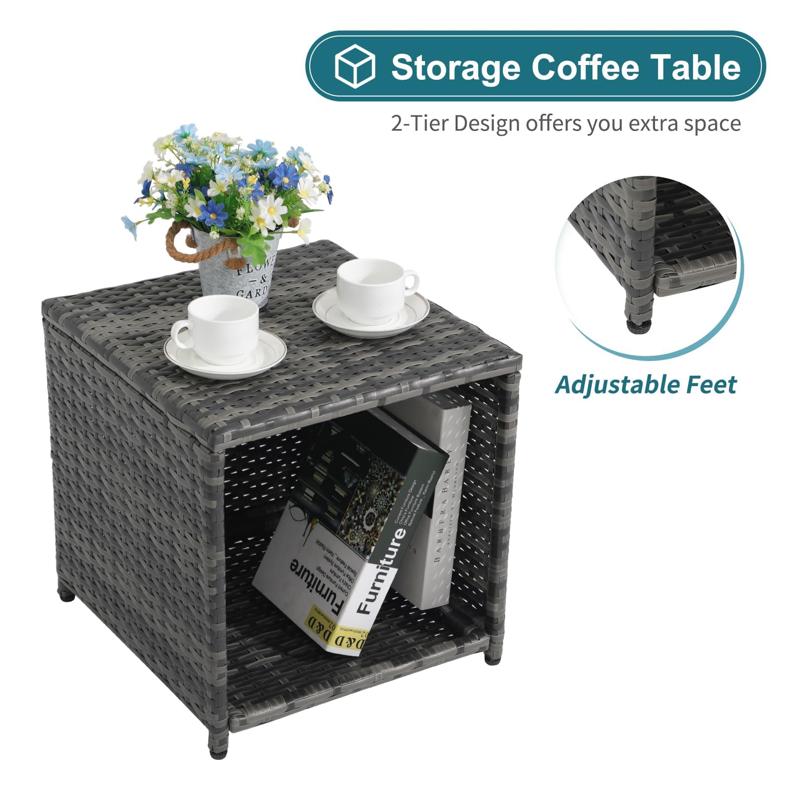 OC Orange-Casual 5-Piece Outdoor Patio Furniture Set - Wicker Conversation Chairs with Ottoman & Coffee Table - Includes Navy Blue Cushions - Perfect for Balcony, Porch, Deck & Backyard Relaxation