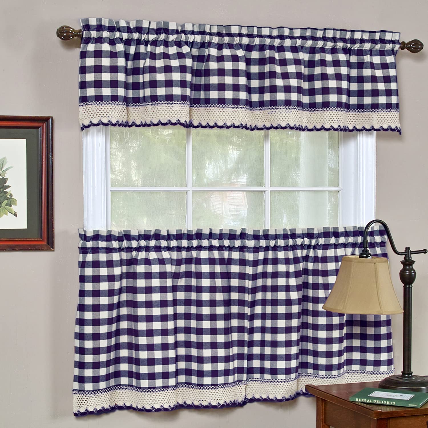 Farmhouse Kitchen Curtain Tier & Valance Set - Buffalo Plaid Window Valances for Kitchen Decor (Navy Blue, 36 Inch) - Perfect for Country Style Homes, Rustic Kitchens & Cozy Farmhouse Dining Rooms