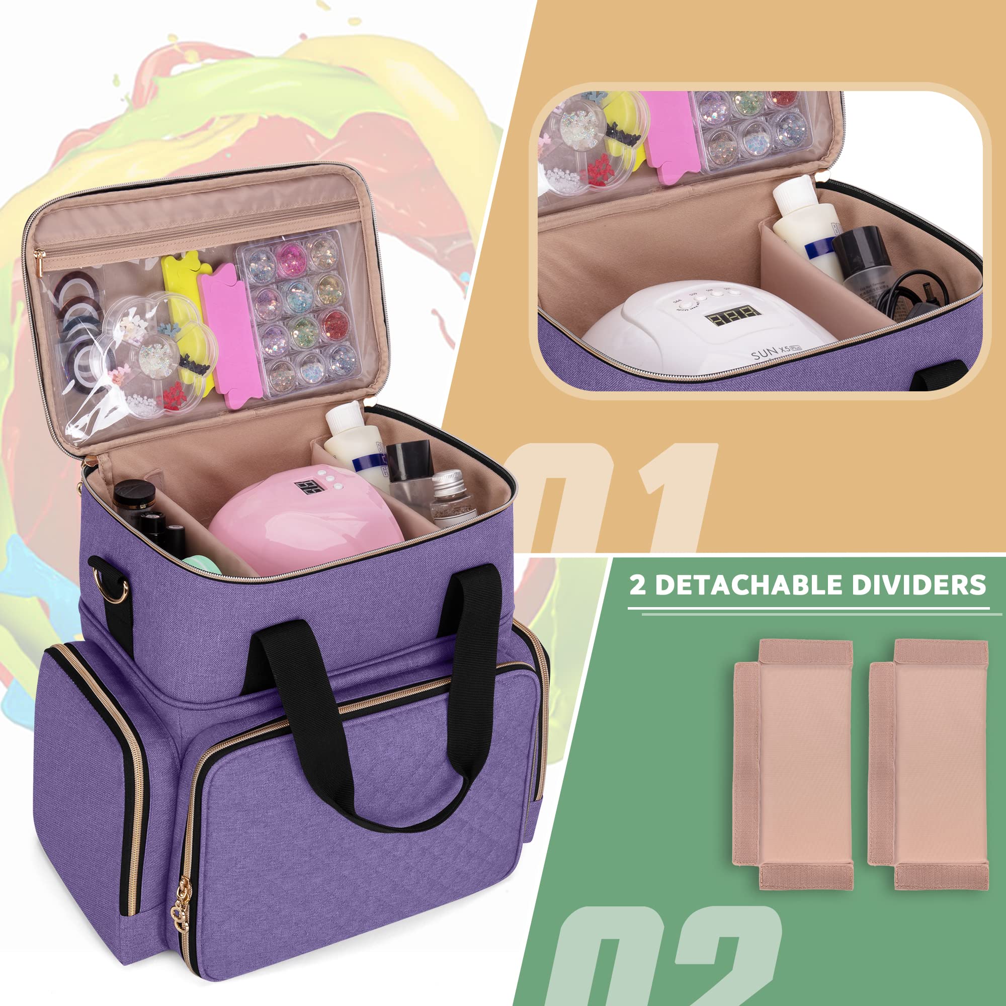 LUXJA Nail Polish Organizer Case Holds 70 Bottles & UV/LED Lamp - Portable Nail Art Storage with 2 Removable Bags & Tool Pockets - Perfect for Salon Professionals & Home Manicures (Purple)