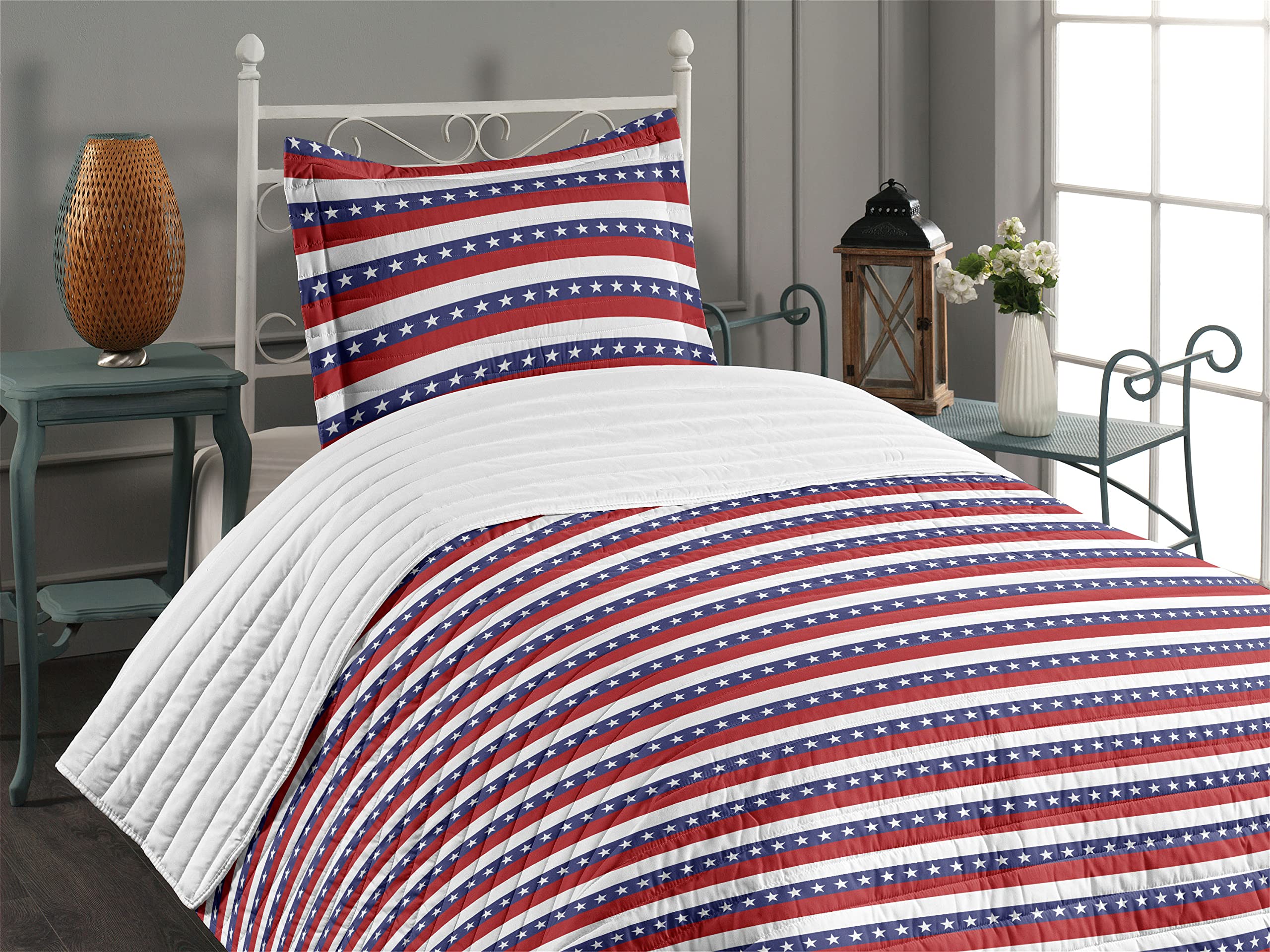 Ambesonne 4th of July Patriotic Bedding Set - Stars & Stripes American Flag Design Microfiber Comforter with Pillow Sham, Twin Size in Violet Blue Ruby White - Perfect for Independence Day Decor & Cozy Bedroom Makeover