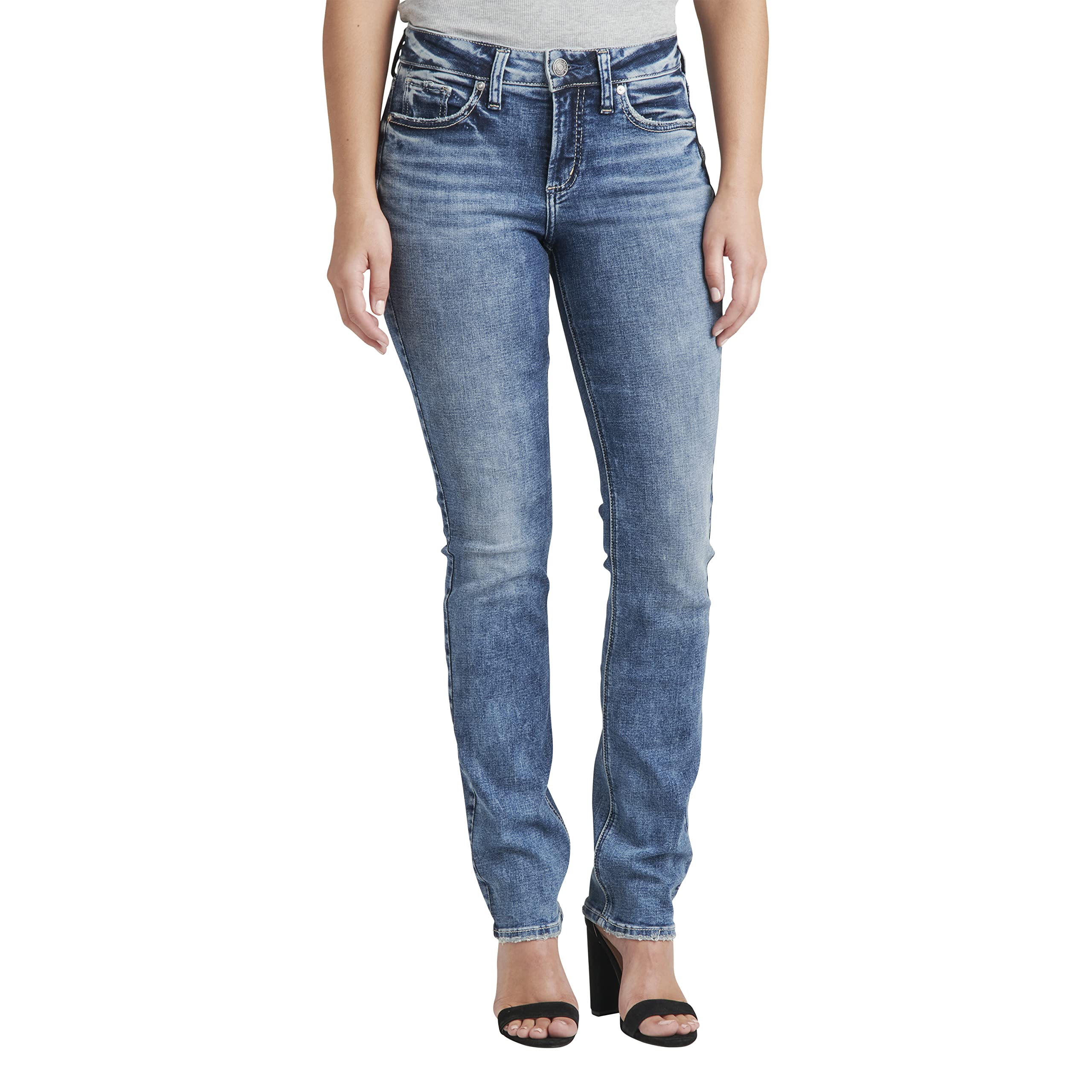 Silver Jeans Co. Women's Suki Mid Rise Straight Leg Jeans - Comfortable Stretch Denim Pants for Casual Wear & Everyday Outfits
