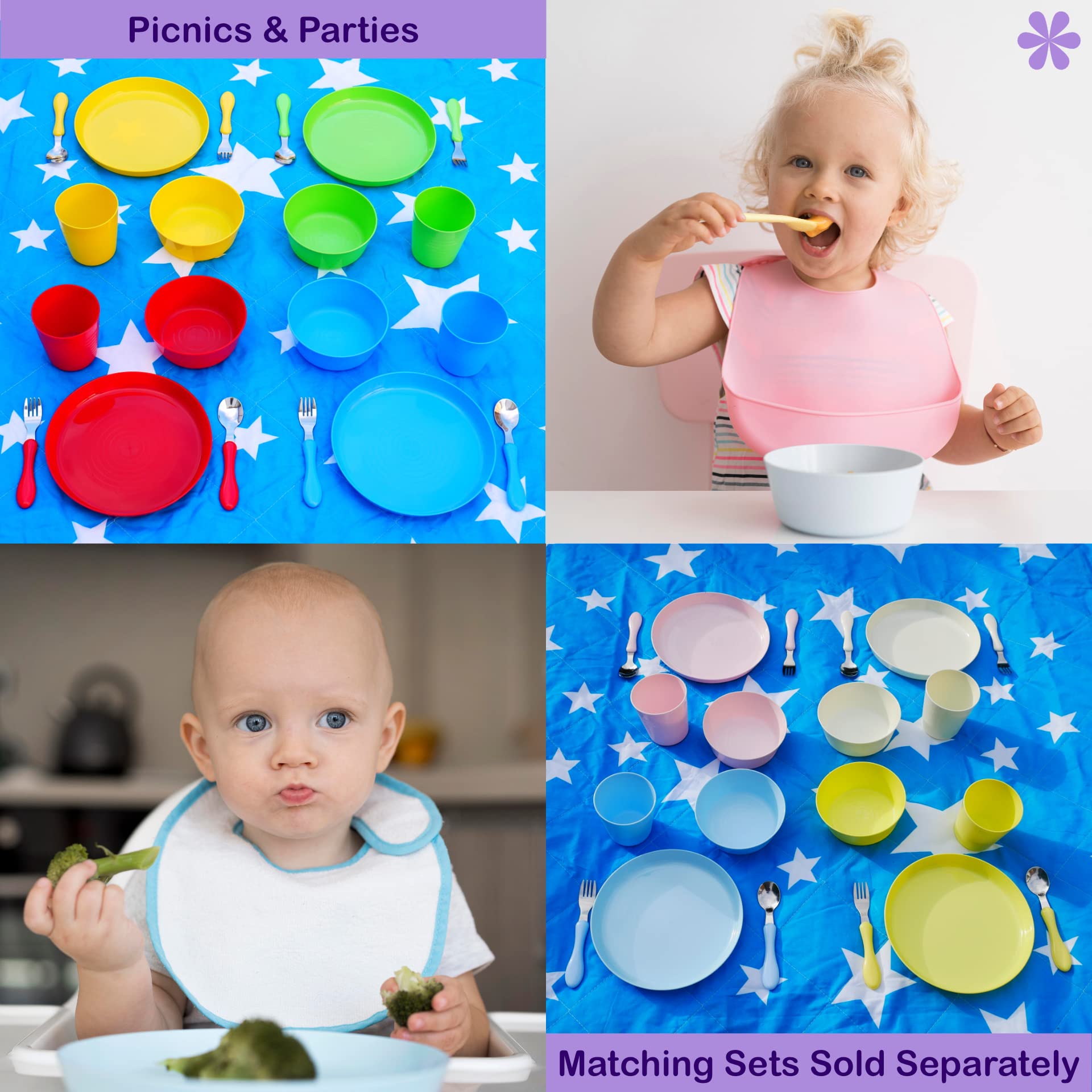 Bloomsworld Toddler Dining Set - 4 Plastic Cups, Bowls & Plates | BPA-Free Reusable Kids Tableware for Boys & Girls | Perfect for Picnics, Parties & Everyday Meals - Pastel Colors