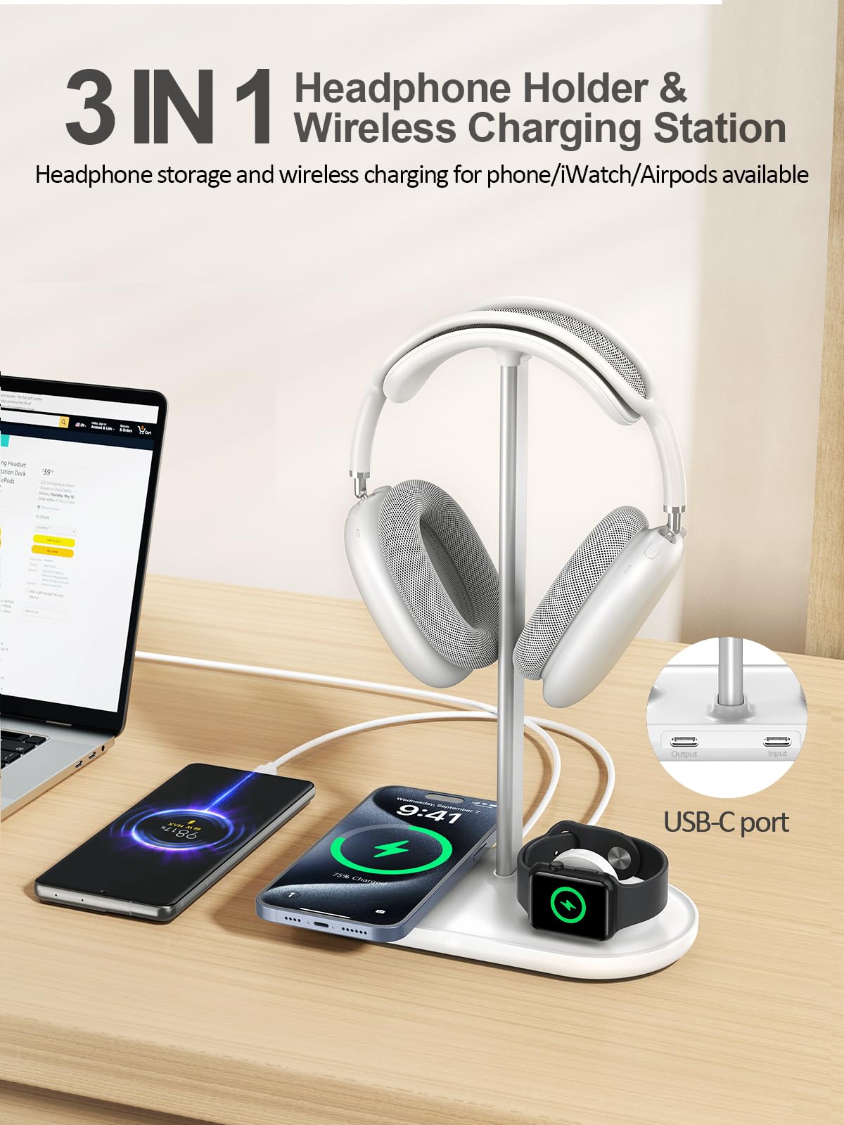 Premium 4-in-1 Wireless Charging Headphone Stand for Desk - Fast Qi Charger for iPhone 14/13/12, AirPods, Apple Watch, Samsung Galaxy - Universal Holder for AirPods Max, Bose, Beats, Sony Headphones - Perfect for Home Office, Gaming Setup & Workspace Organization (Powder White)