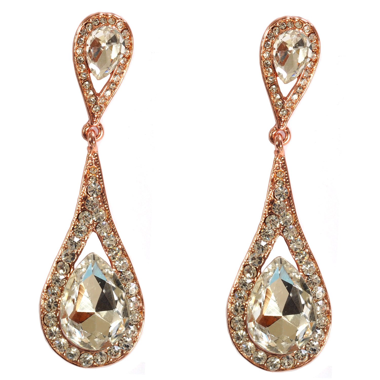 Rose Gold Crystal Rhinestone Teardrop Dangle Earrings – Elegant Sparkling Jewelry for Parties, Weddings & Special Occasions