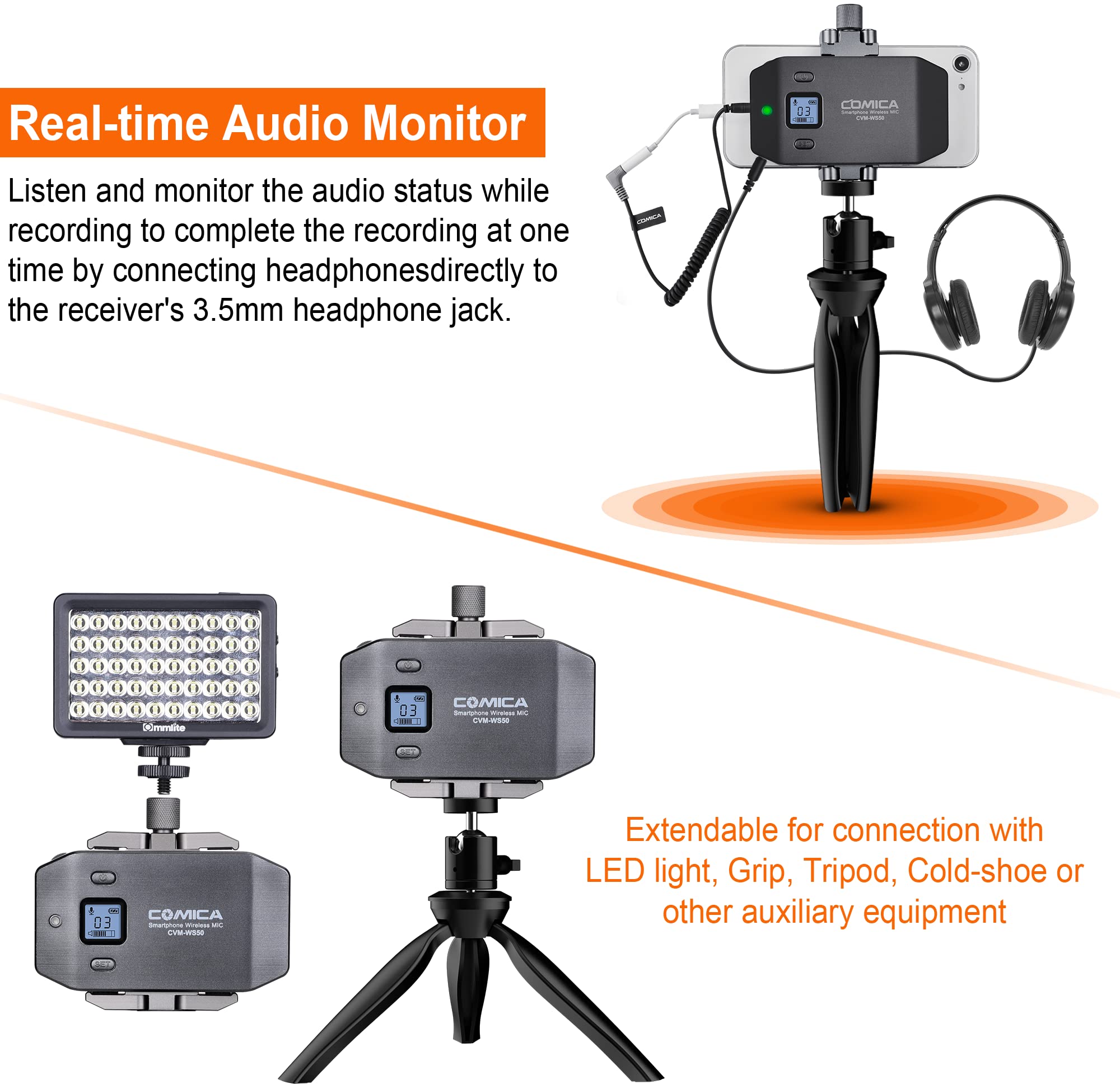 Comica CVM-WS50(H) Wireless Microphone System - 6 Channel Handheld Interview Mic with Flexible Grip for Smartphones & Cameras | Ideal for YouTube Videos, Interviews, Video Conferences, Podcasting & Live Streaming