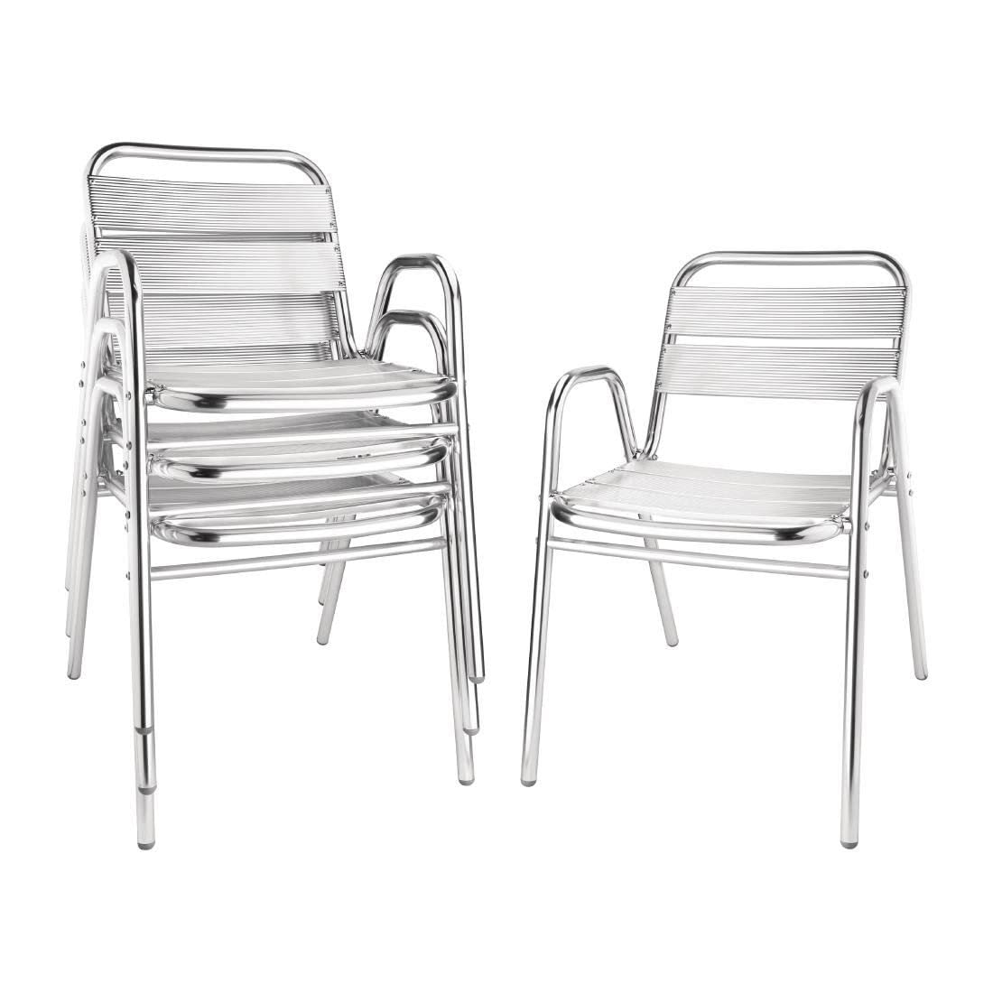 4-Pack Silver Aluminum Stacking Chairs with Arched Arms for Outdoor Events - 780x600x495mm - Perfect for Patio, Garden & Wedding Receptions
