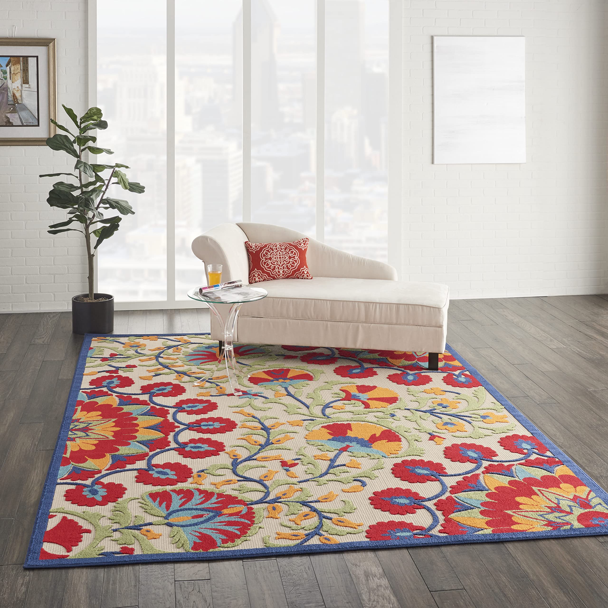 Nourison Aloha 6' x 9' Indoor/Outdoor Area Rug - Easy to Clean, Non-Shedding, Fade & Stain Resistant - Perfect for Bedroom, Living Room, Dining Room, Deck, Backyard & Patio - Tropical Red/Multi Design for Coastal & Boho Home Decor