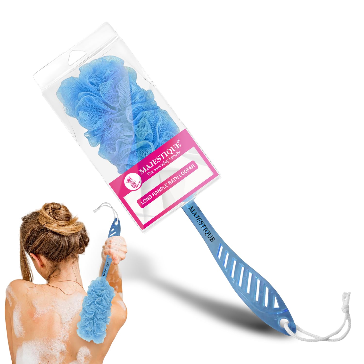 Majestique Long Handle Back Scrubber with Soft Nylon Mesh - Exfoliating Loofah Body Brush for Shower & Bath | Men & Women Skin Care | Perfect for Hard-to-Reach Areas & Deep Cleansing (Blue)