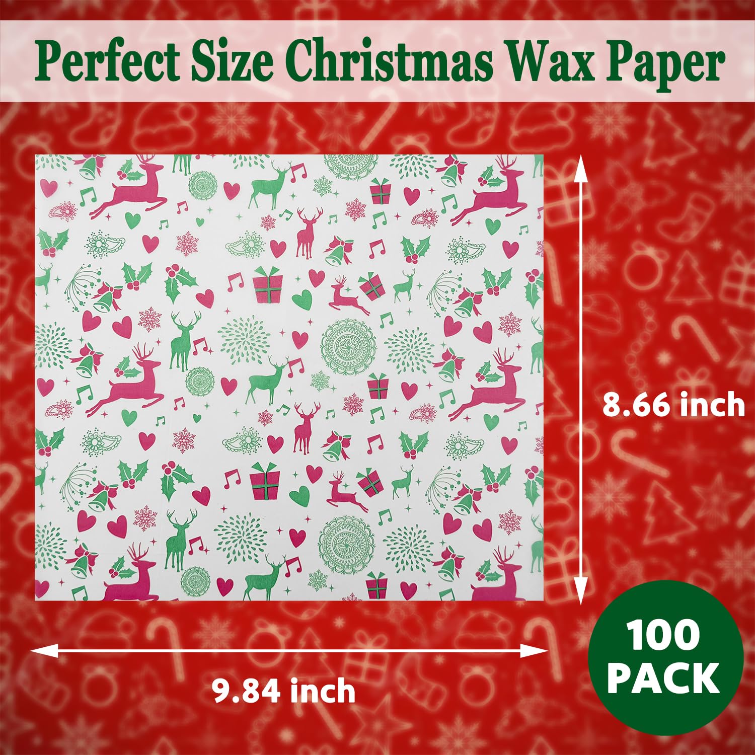 100 Pcs Christmas Wax Paper Sheets for Food - Grease Proof Holiday Deli Paper with Reindeer Design | Perfect for Baking, Wrapping Treats & Festive Party Decorations