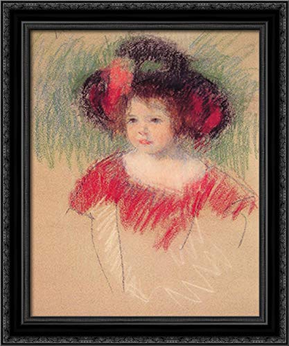 Mary Cassatt 'Margot in Big Bonnet and Red Dress' 20x24 Inch Framed Canvas Art - Elegant Black Ornate Wood Frame - Perfect for Living Room, Bedroom & Office Wall Decor