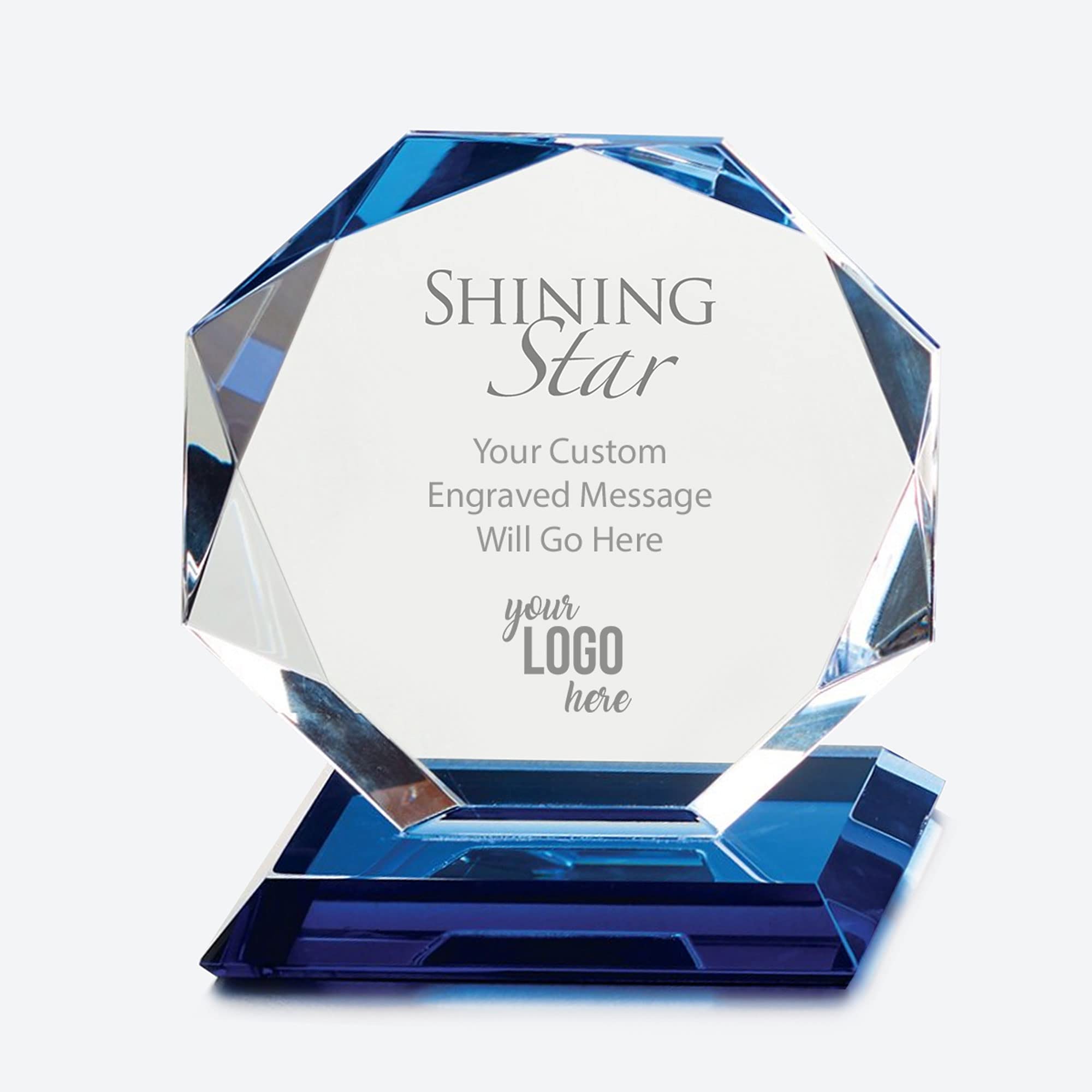 Baudville Custom Engraved Luminary Crystal Trophy Award with Blue Highlights - Elegant Black Gift Box Included - Perfect for Corporate Awards, Employee Recognition & Special Achievements