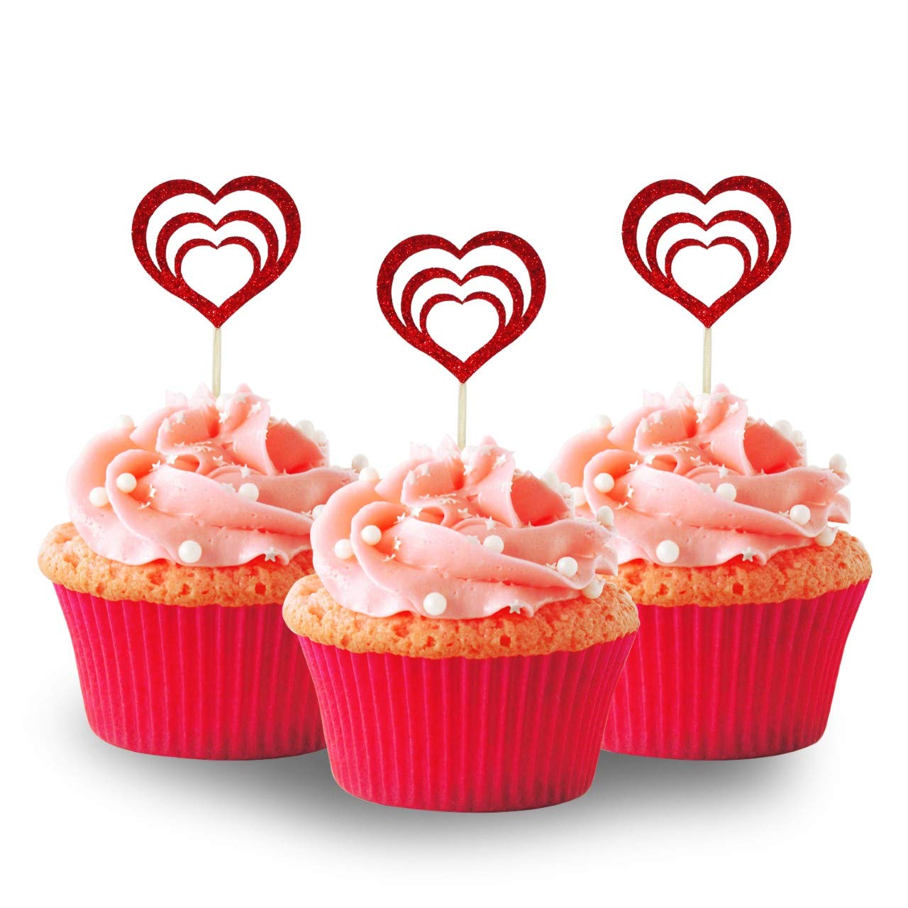 Valentine's Day Cupcake Toppers - 12 Pack Red Heart Glitter Foam Toppers for Wedding, Bridal, Baby Shower & Party Decorations | Perfect for Cupcakes, Cakes & Dessert Displays