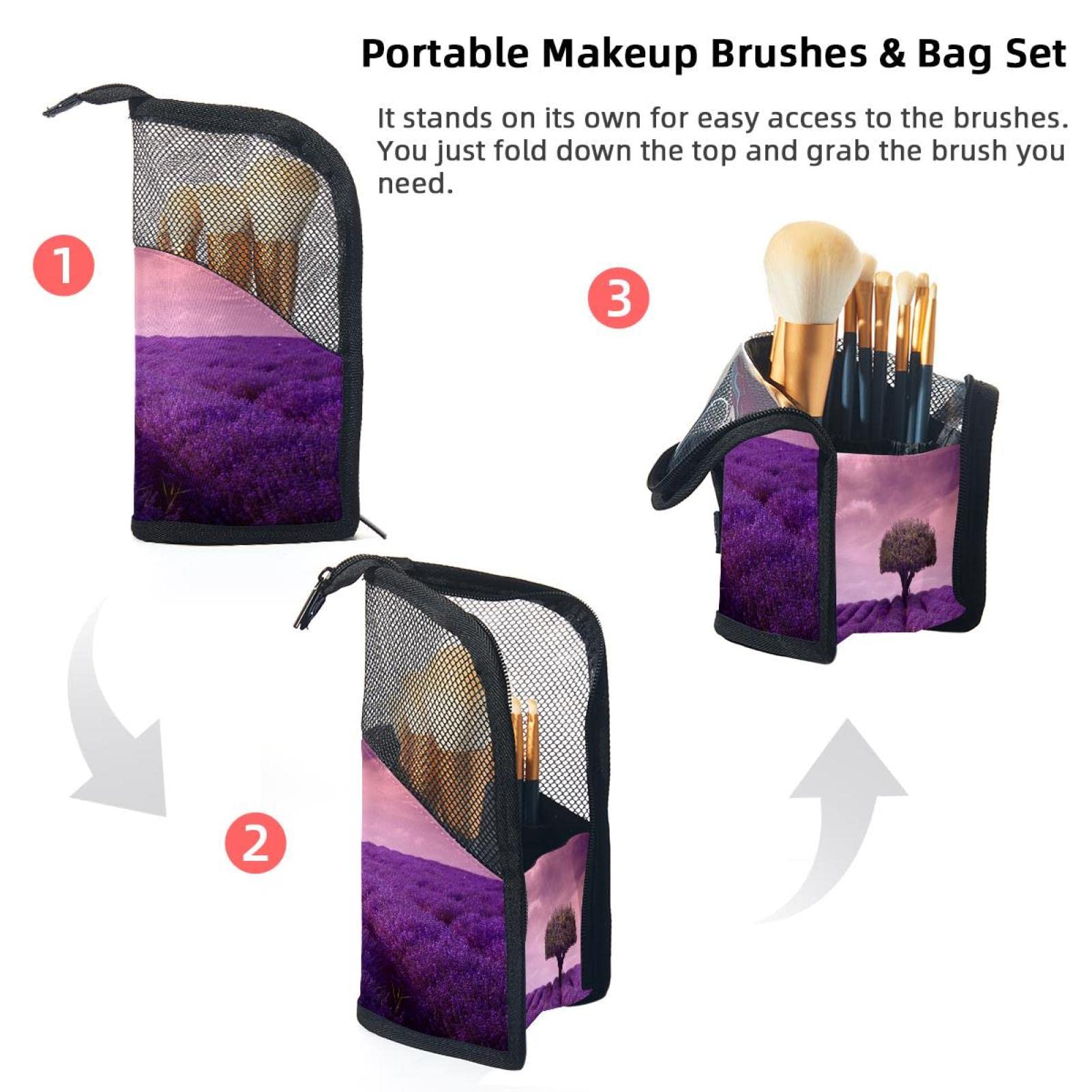 12-Piece Lavender Field Makeup Brush Organizer Bag with Floral Design - Portable Cosmetic Brush Holder Case for Travel & Home Storage