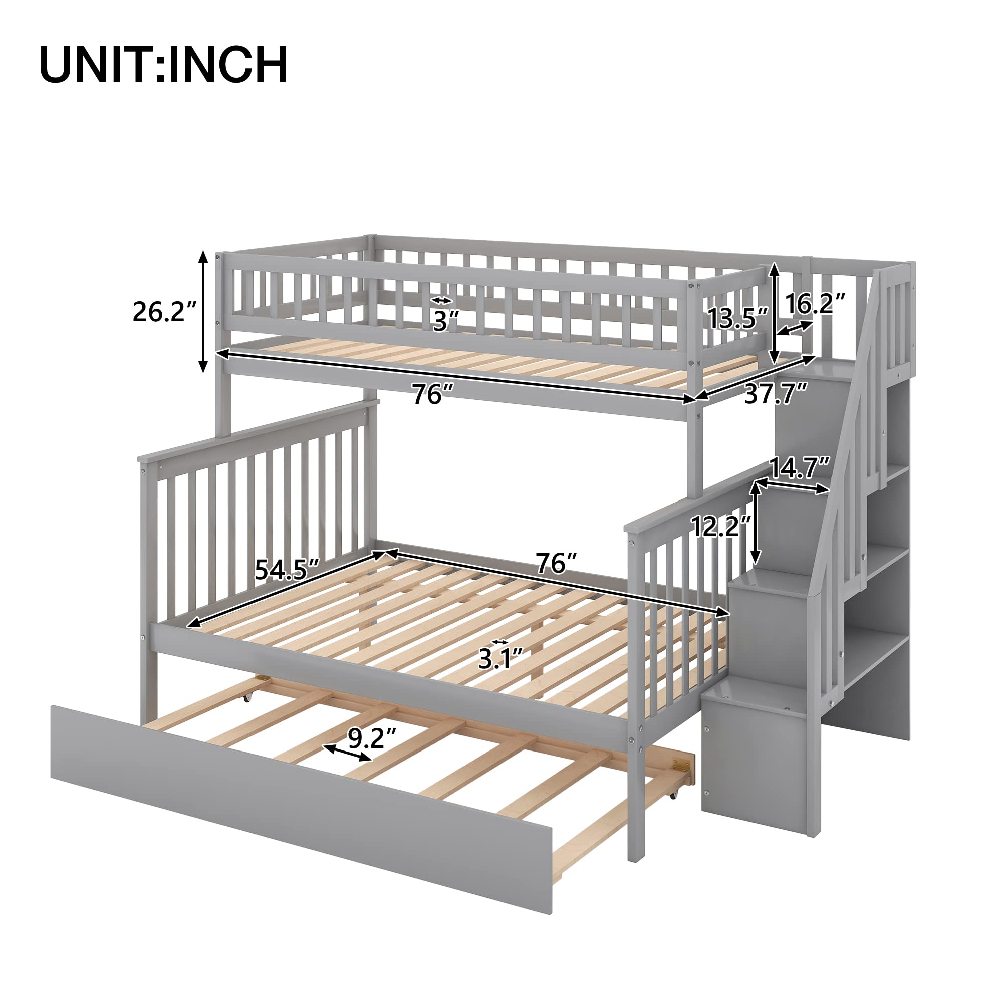 Harper & Bright Designs Twin Over Full Bunk Bed with Trundle, Stairs & Storage - Solid Wood Kids Bunk Bed with Full-Length Safety Rail - Space-Saving Solution for Small Bedrooms, Guest Rooms & Vacation Homes (Gray)