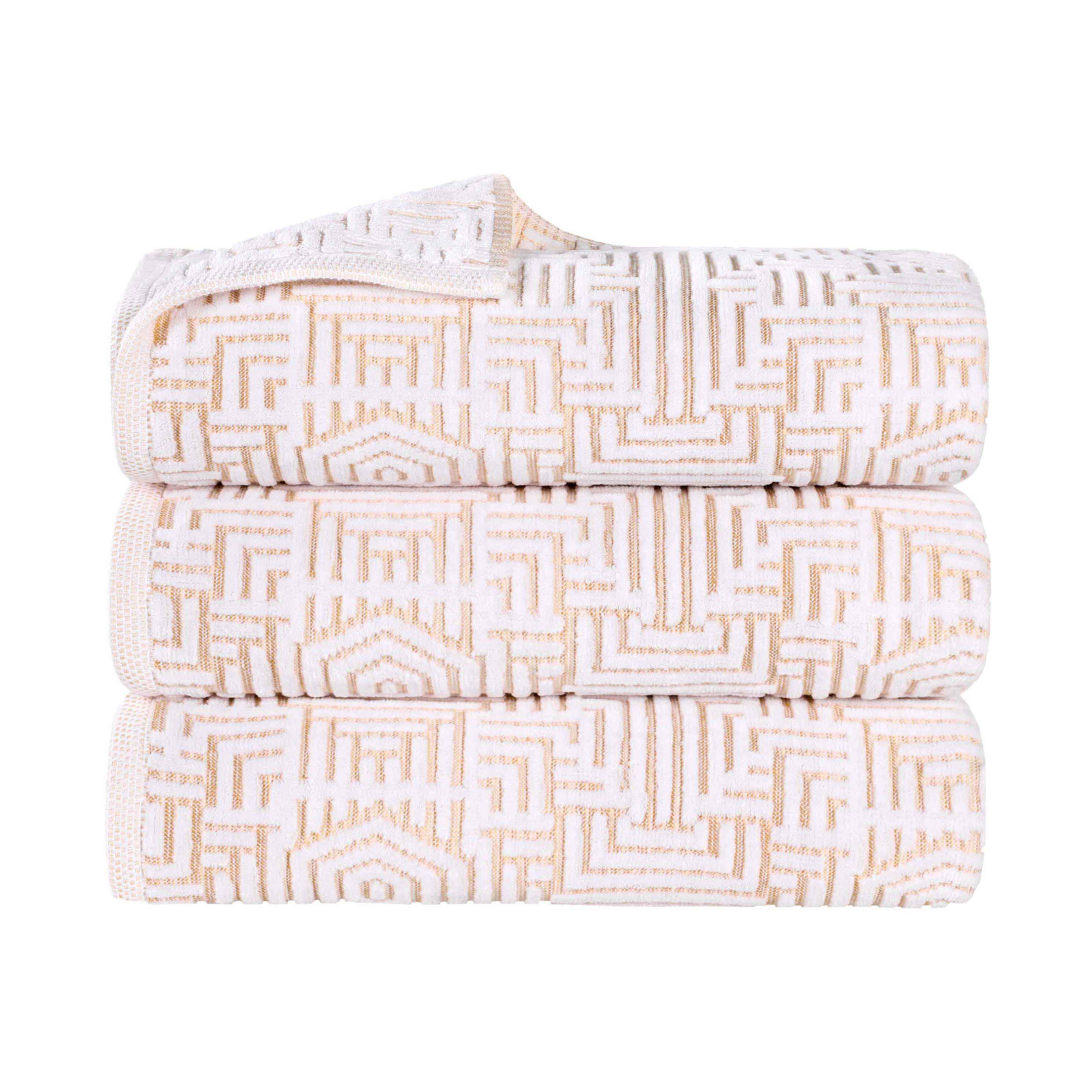 Premium Cotton Modern Geometric Jacquard Plush Bath Towel Set of 3 - Ultra Absorbent & Quick Dry - Luxury Spa, Bathroom & Beach Towels for Home & Travel