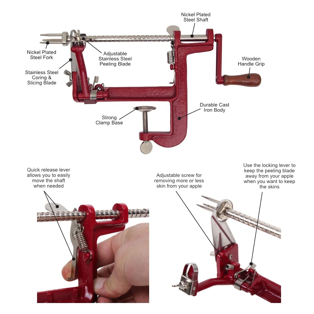 Premium Heavy Duty Cast Iron Peeler with Stainless Steel Corer & Slicer - Professional Apple Peeler with Secure Clamp Base - Perfect for Making Apple Pies, Apple Crisps, and Fruit Preparations