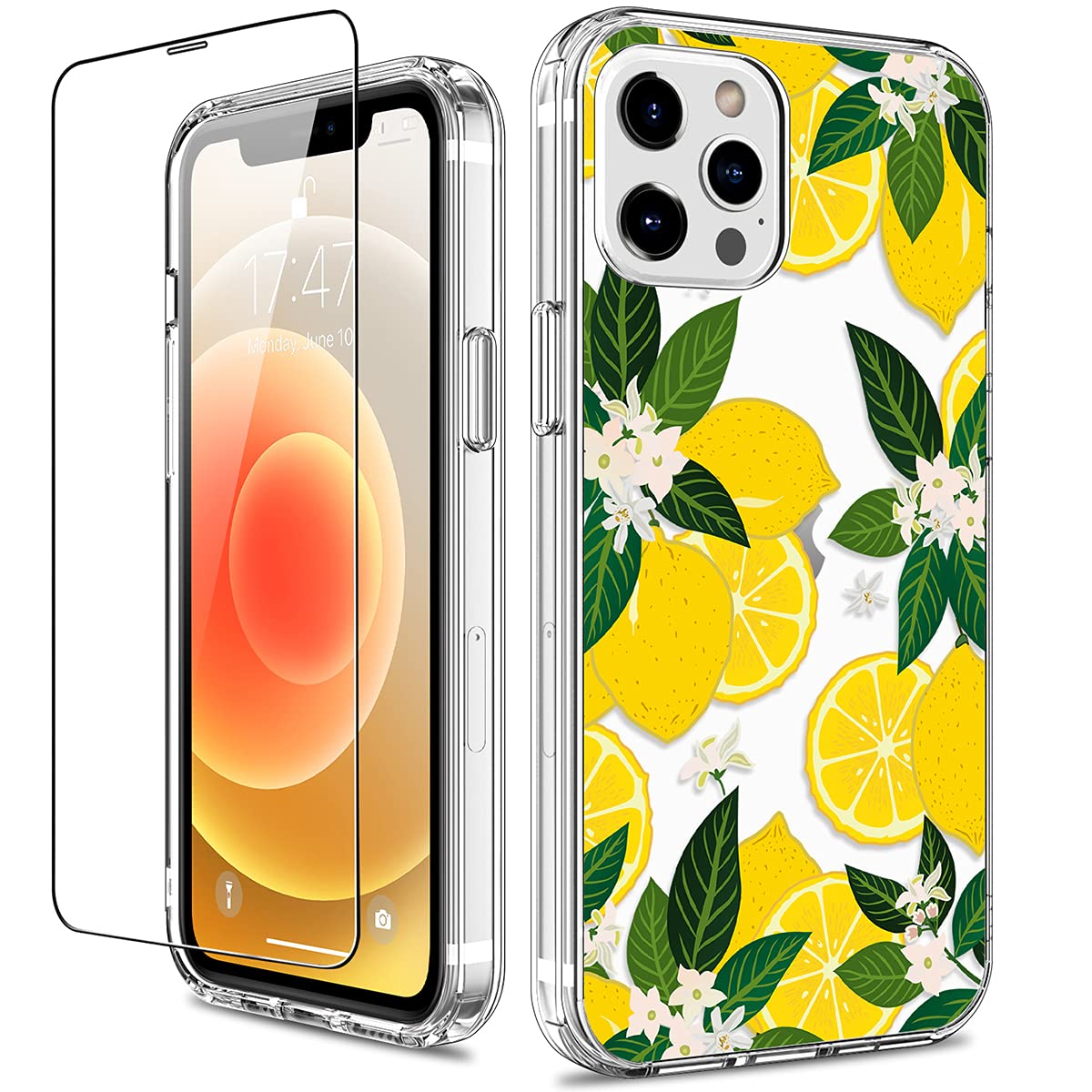 GiiKa iPhone 12 Pro Max Case with Screen Protector - Clear Shockproof Protective Hard Case with TPU Bumper | Floral Design for Women & Girls | Yellow Lemons Pattern | Perfect for Everyday Use & Outdoor Activities