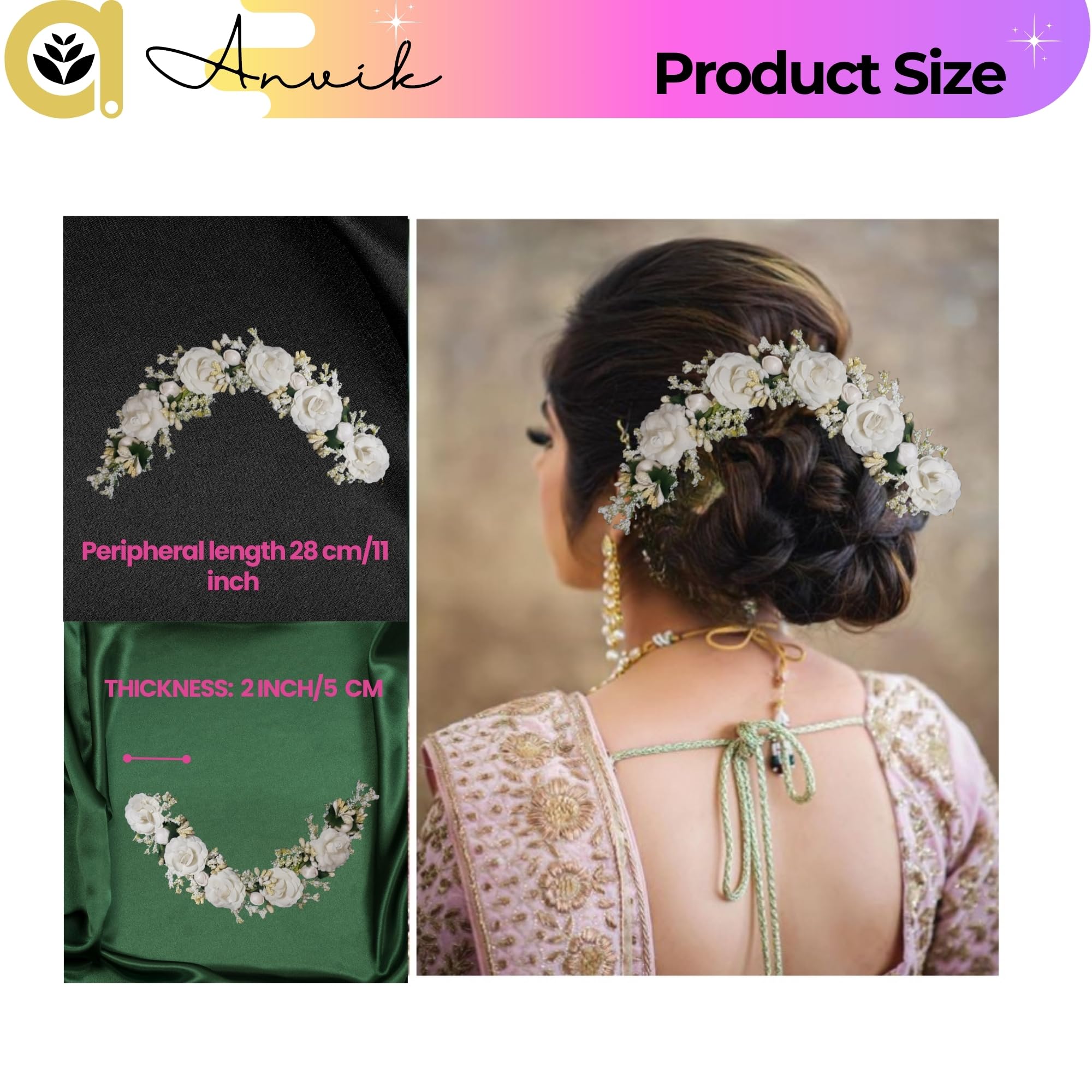 ANVIK White Artificial Rose Flower Hair Bun Gajra - Elegant Bridal Wedding Hair Accessories for Women | Perfect for Bridal Parties, Indian Weddings & Special Occasions