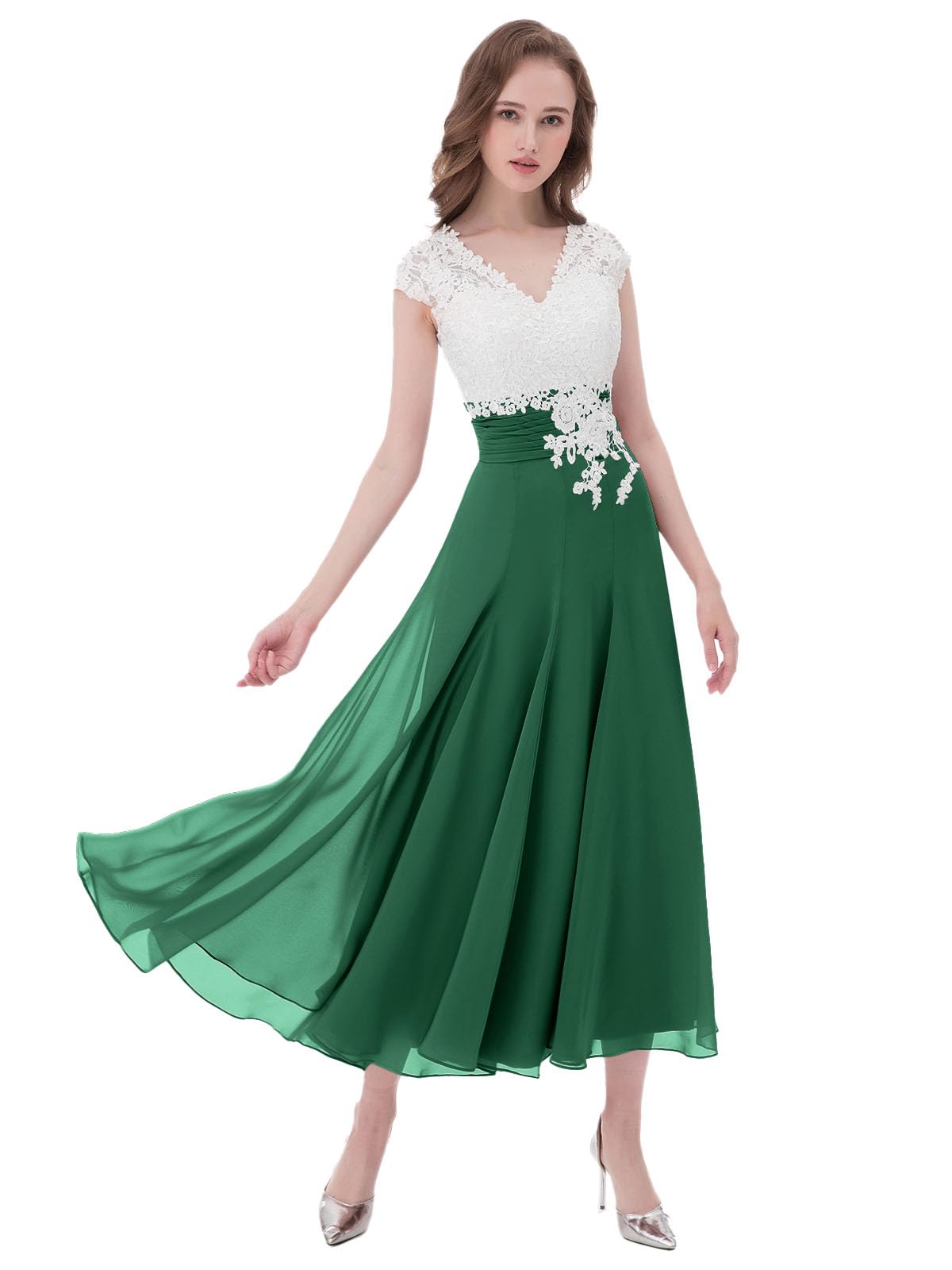 Elegant Lace V-Neck Wedding Guest Dress for Women - Ivory Chiffon Mother of The Bride/Groom Dress - Perfect for Formal Occasions, Bridal Showers & Evening Events