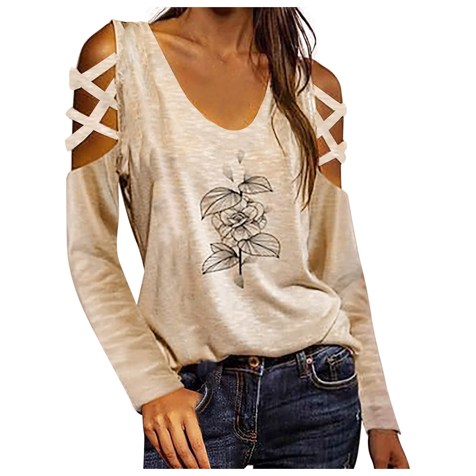 LADIGASU Women's Long Sleeve Cold Shoulder Top - V Neck Tunic Blouse with Skull Tie Dye Print | Loose Fit Casual Shirt for Women | Perfect for Parties, Date Nights & Everyday Wear