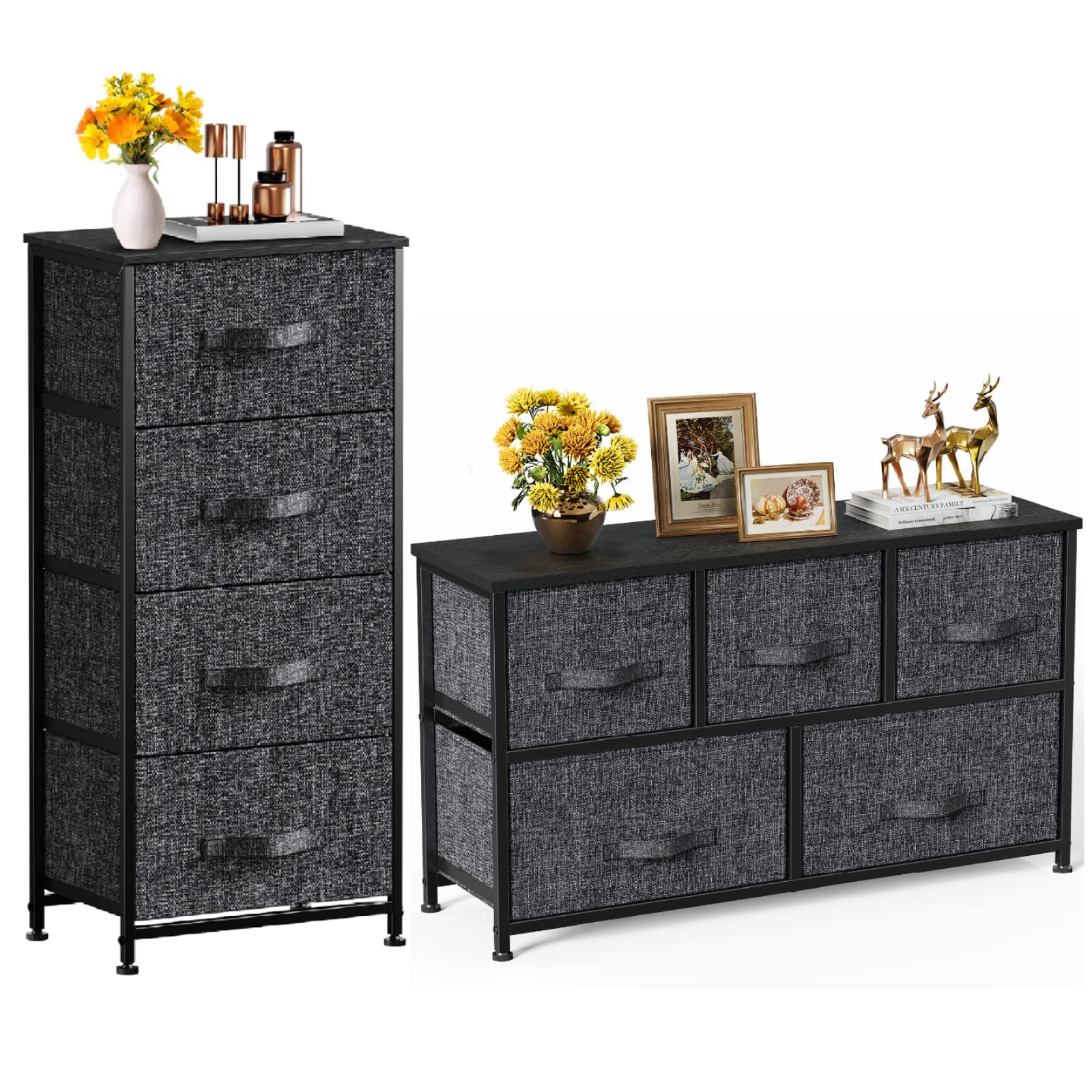 Pipishell 5-Drawer Wide Fabric Dresser & 4-Drawer Tall Storage Tower - Closet Organizer for Bedroom, Nursery, Living Room & Hallway - Space-Saving Storage Solution for Clothes, Toys & Home Essentials