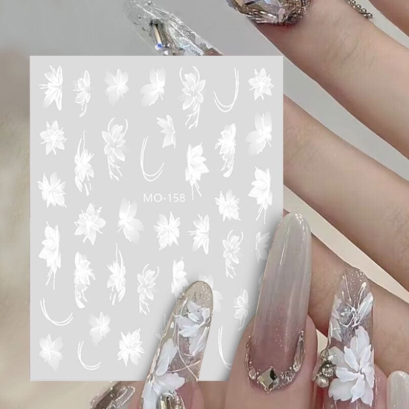 3D White Floral Nail Stickers - Elegant Hand-Painted Nail Art Decals for Women | Perfect for Weddings, Parties & Special Occasions