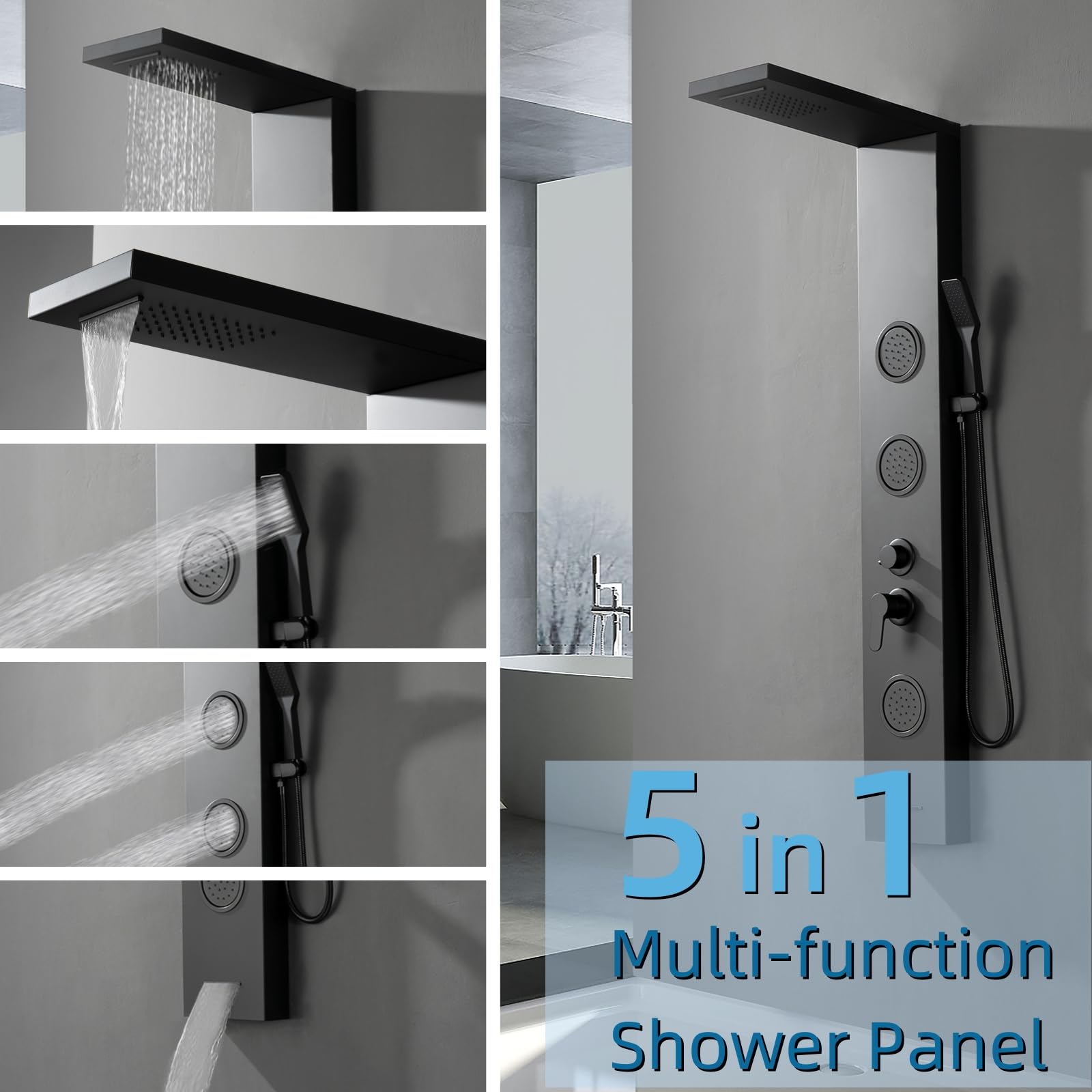 Stainless Steel Multi-Function Shower Panel Tower System with Rainfall Shower Head, 3 Body Jets, Handheld Shower Wand & Tub Spout - Luxury Bathroom Upgrade for Spa-Like Experience