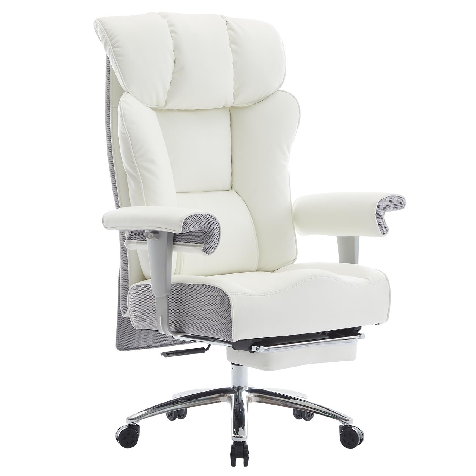 Efomao Big and Tall Office Chair 450lbs - Heavy Duty Ergonomic Executive Desk Chair with Adjustable Footrest & High Back Support - White PU Leather Computer Chair for Home Office, Gaming, and Workspaces
