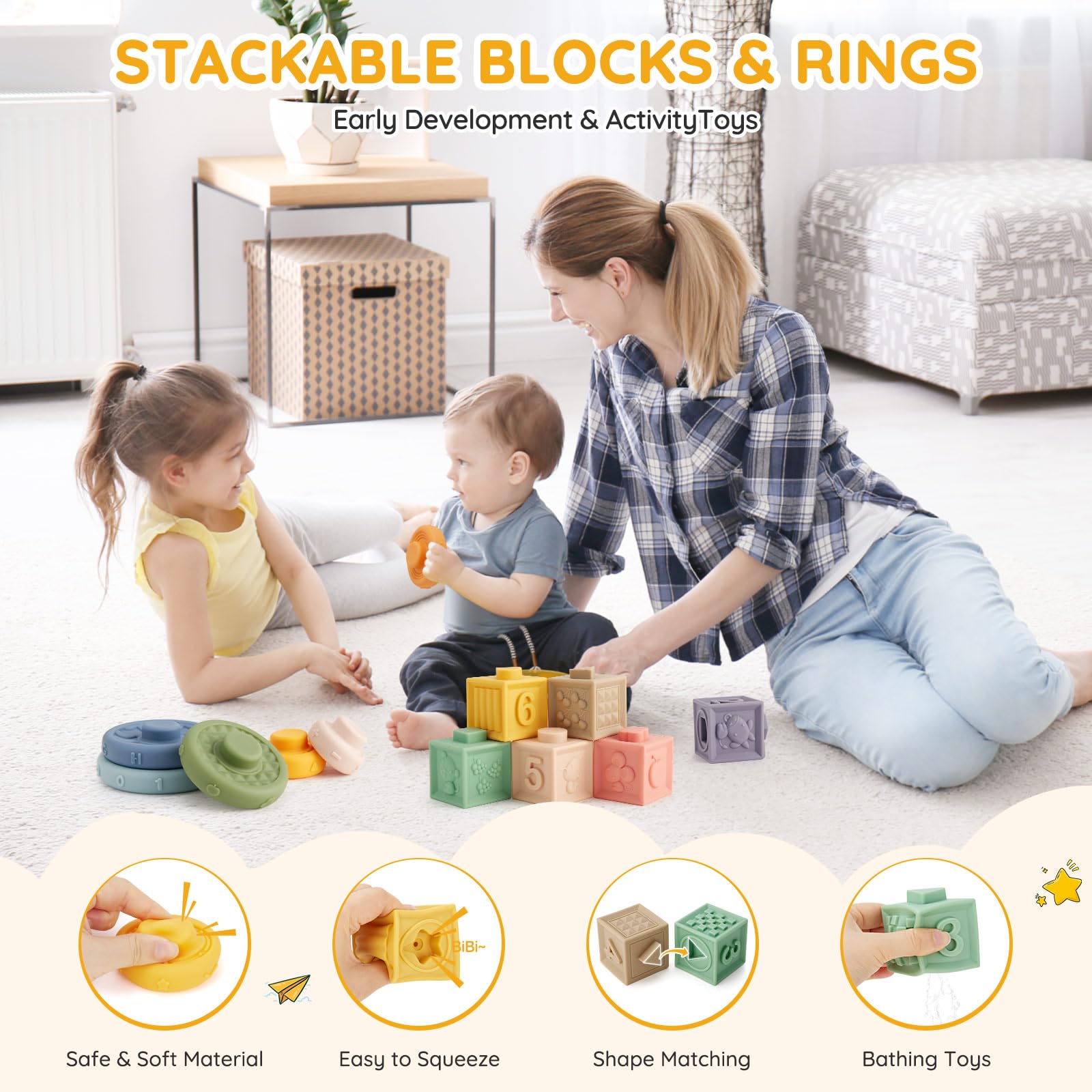 VoMii 18Pcs Montessori Baby Toys 6-18 Months - Teether, Stacking Blocks & Sensory Toys for Toddlers 1-3 Years | Early Learning & Playtime