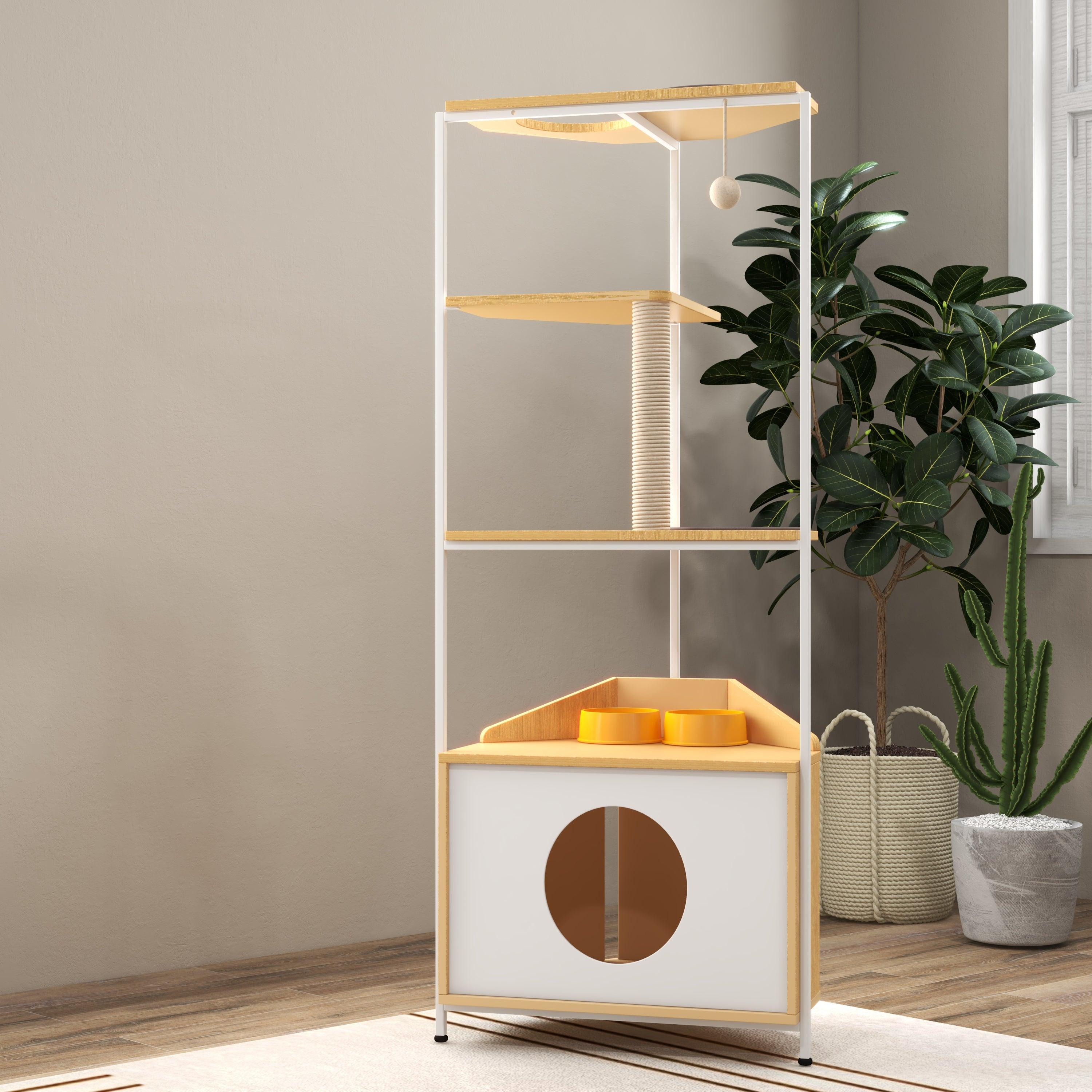 Premium Cat Tree with Scratching Post & Climbing Platforms - Multi-Level Cat Condo with Feeding Station - Sturdy Corner Cat Tower for Indoor Cats - Perfect for Play, Rest & Feeding in Small Spaces